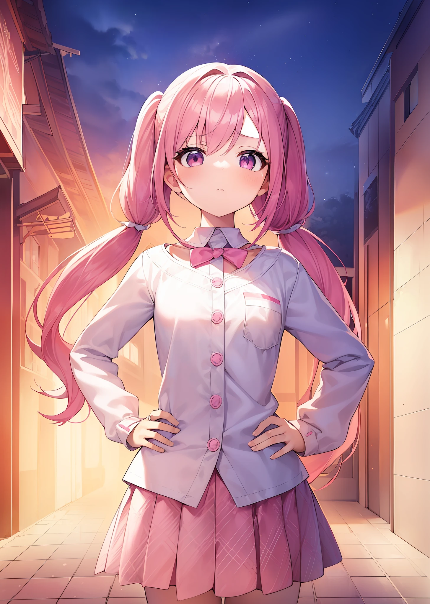 1girl. pink hair.long hair.twintails.{loli}.(short stature).small breast.white t-shirts.skirt. (((masterpiece))).(((best quality))).)((ultra-detailed))).(((illustration))). (((put your hands on your hips))).(((night view))).(((1girl))).