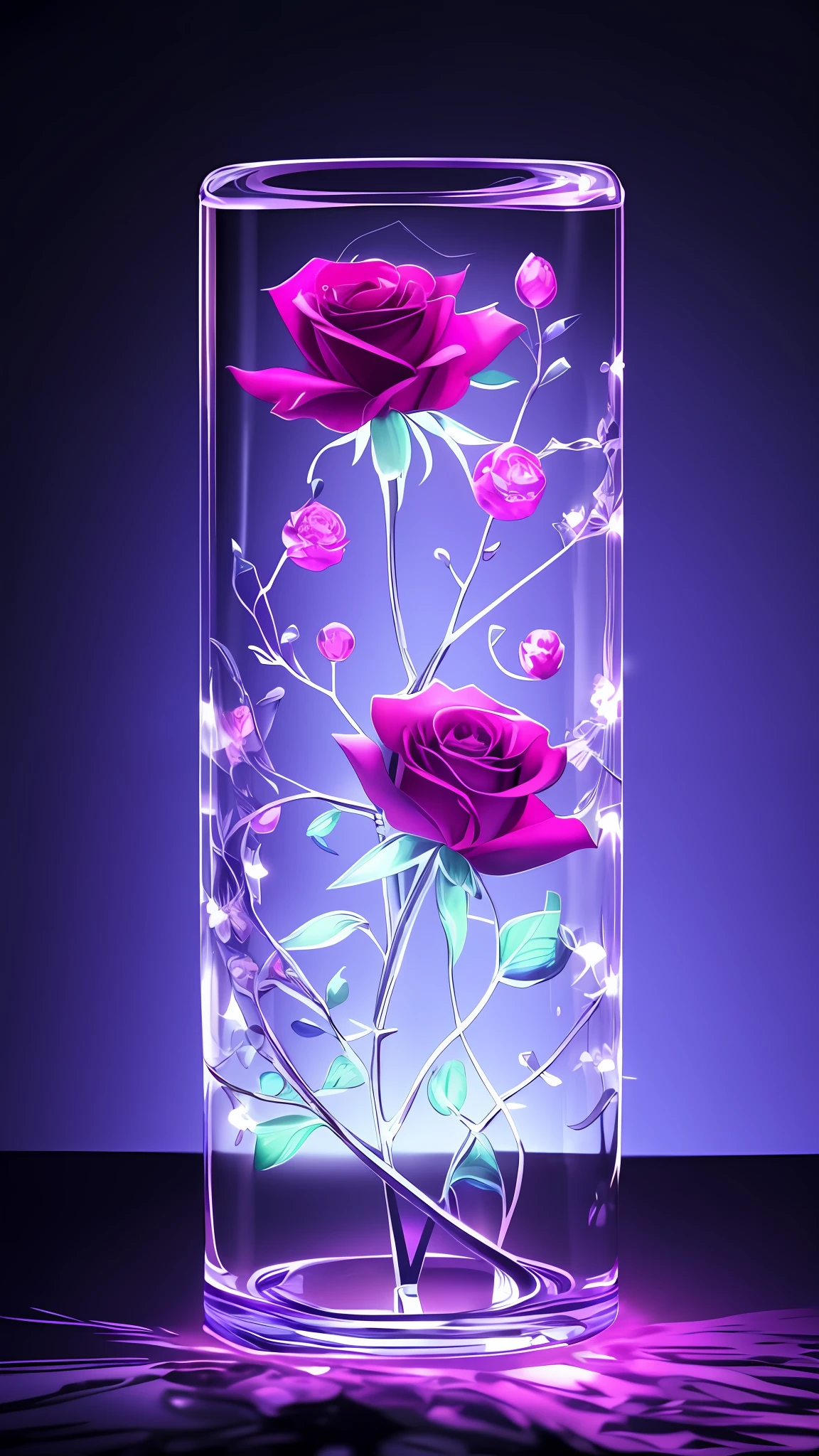 There is a glass vase on the table，There are two roses inside, beautiful flowers and crystals, Beautiful wallpaper, Magical flowers, Glowing flowers, magical colorful flowers, beautiful iphone wallpaper, hd phone wallpaper, amazing wallpapers, phone wallpaper hd, Luminous flowers, Wallpaper phone, glass flowers, beautiful hd, wallpaper hd, decorative roses, beatiful background, Red neon rose