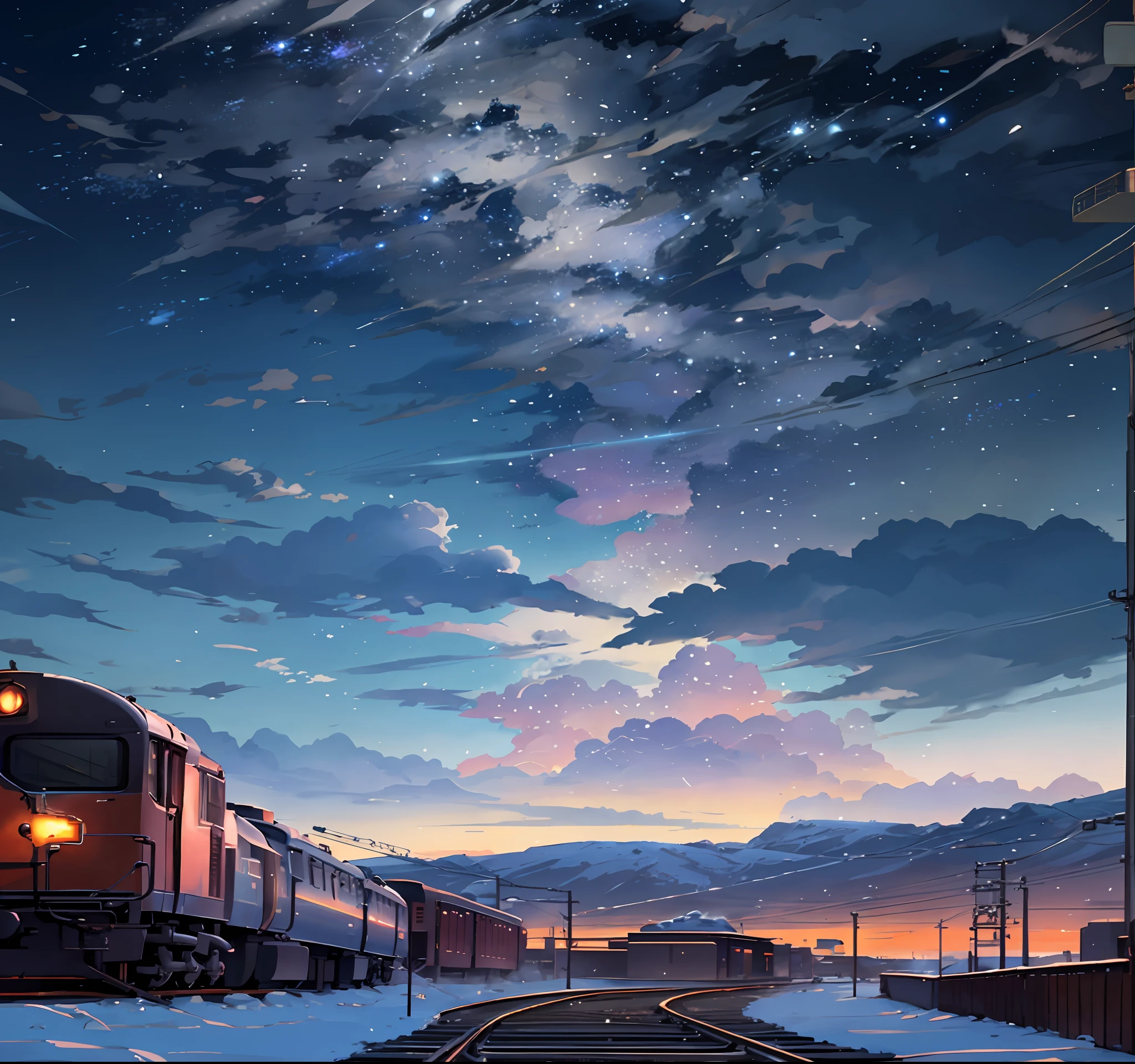 There is a train running along the tracks in the snow, Makoto Shinkai's concept art, tumblr, magic realism, beautiful anime scenes, cosmic sky. by makoto shinkai, ( ( makoto shinkai ) ), anime background art, anime backgrounds, Makoto Shinkai's style, anime movie backgrounds, galaxy express, no humans.