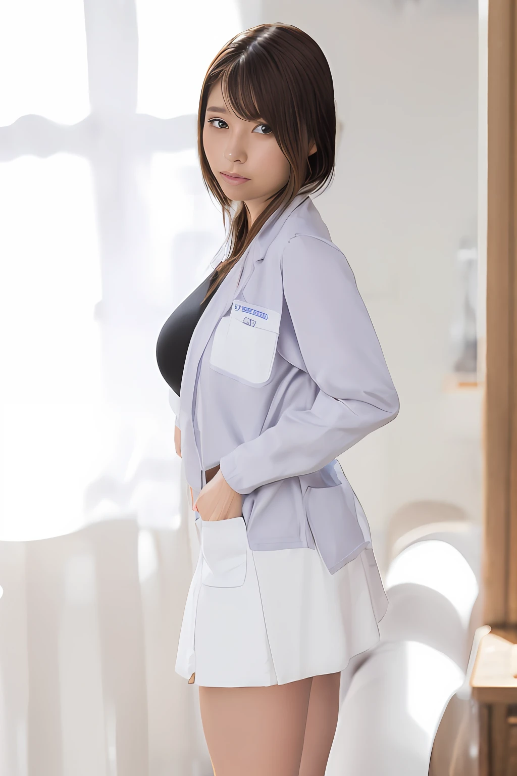 Alafed woman in white nursing uniform poses for photo,Ultra mini skirt、much shorter skirts、Sit so that you can see your panties.、Short skirts that look good on the thighs、Glossy appearance、Open your legs from side to side、Take a good look at your panties,、panthyhose、White panty、Beautiful camel toe、beautiful thigh、Beautiful facial features、poneyTail、 nurse girl,  Nurse lab coat, close - fitting nurse costume, doctor, sakimichan, (doctor), White uniform, Yasumoto Oka