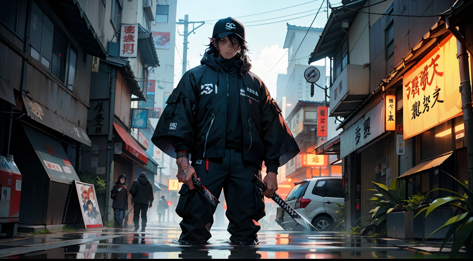 Tangiro Kamada de demon slayer, streetwear xadrez preto e verde, cargo pants, wielding a katana in his right hand, de costas para o viewer, uma cidade japonesa cyberpunk, tempo chuvoso, reflective water, alto detalhamento, super detalhado, bem iluminado, reflexo realista