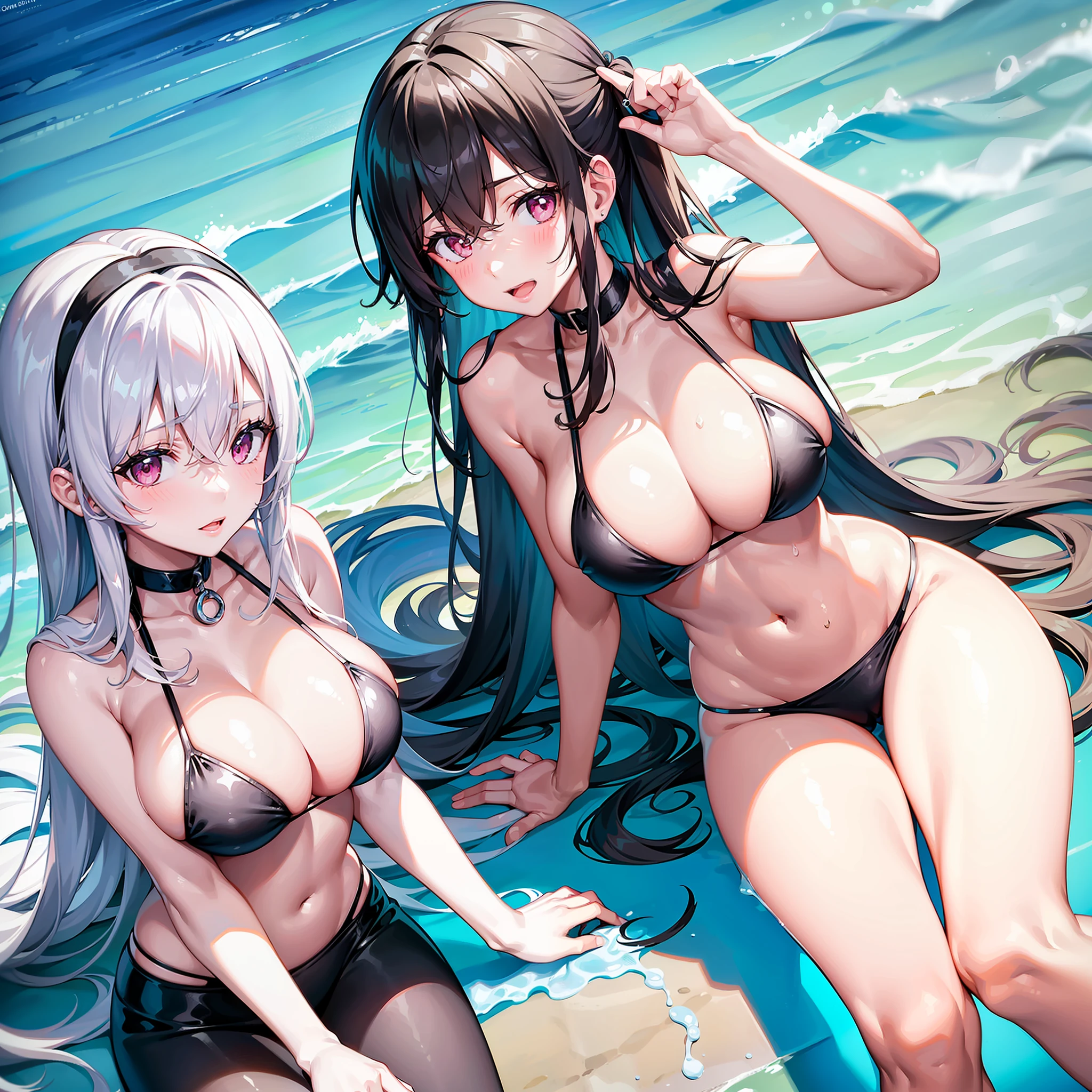 2girls，Get wet，It is covered with white slime，Black bikini，Extremely large breasts，on  the  beach，Best quality at best，swim ring，Pink eyes，There is love in the eyes，lying in water，Raised