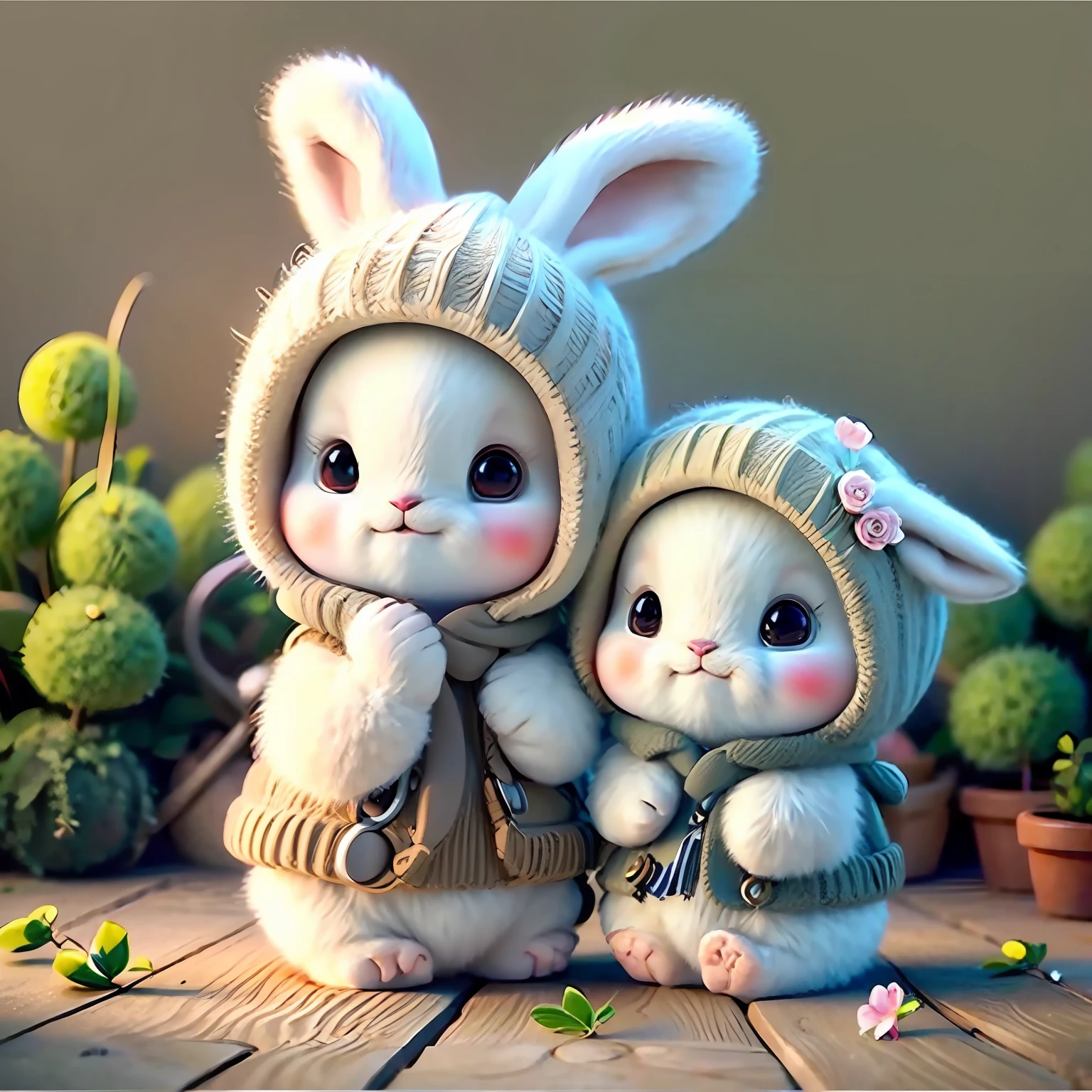 holding a camera，stump，fresh flowers，adolable，fluffly，realisticlying，gentlesoftlighting，Four rabbits