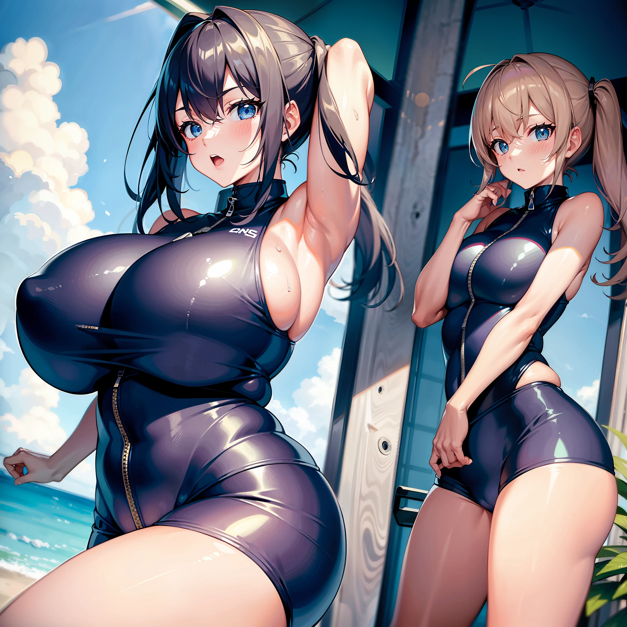 2girls，Extremely large breasts，Get wet，bike shorts，Sleeveless competitive swimsuit，zippers