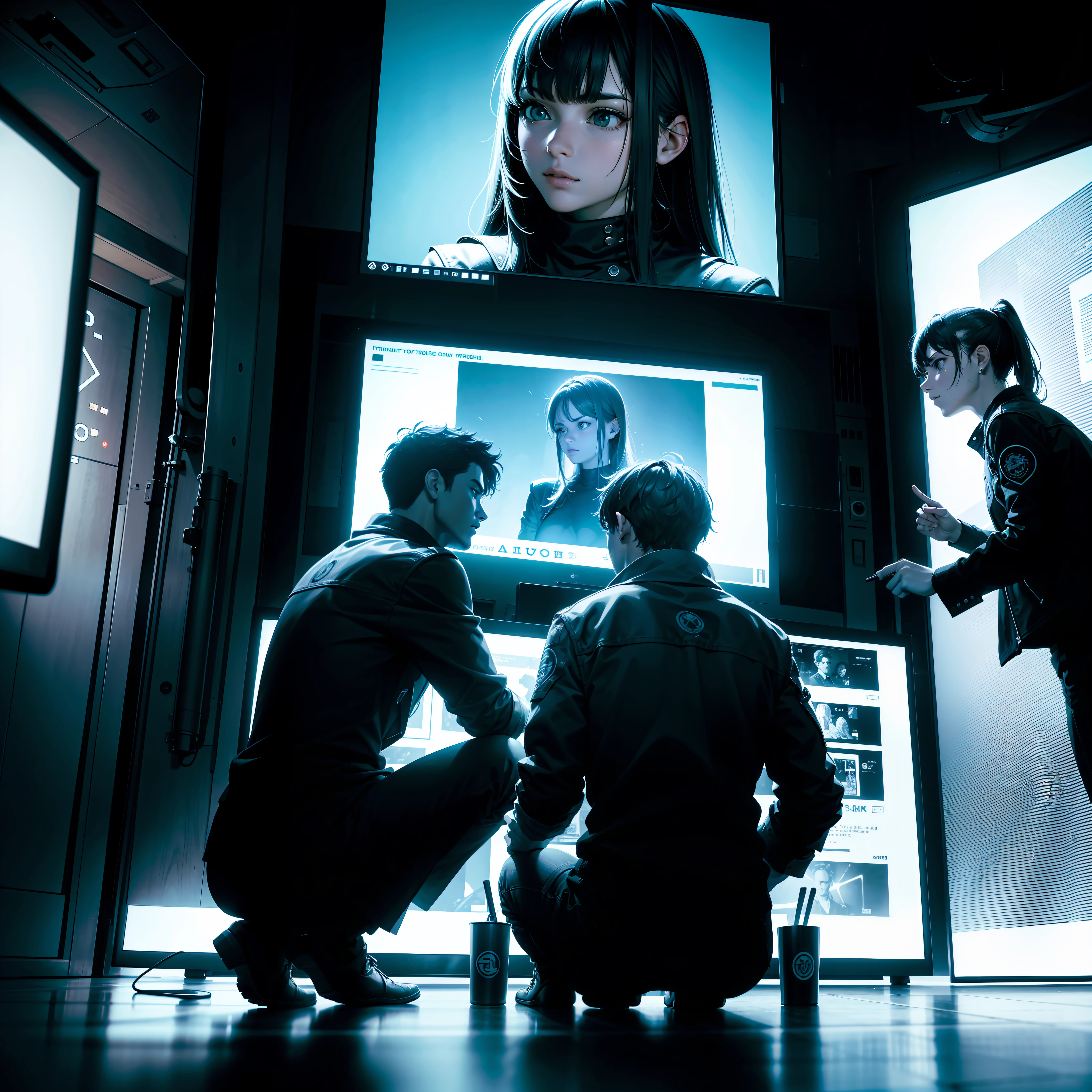 National tide,Technologie,(In the center of the poster is a large screen),(The screen emits light),On the left squats a photographer,The two people on the right are looking at the screen,32K,detail-rich,plethora of colors,Beautiful and sci-fi,high detal,(The scene in the screen is 3D),(The details of the characters' shapes are in-depth),(Photographic image),(Screen scrutiny),Meticulous sketching,Realistic scenes,Real mechanism,Cinematic lighting,Ultimate HD picture quality,Hollywood-style character detail rendering