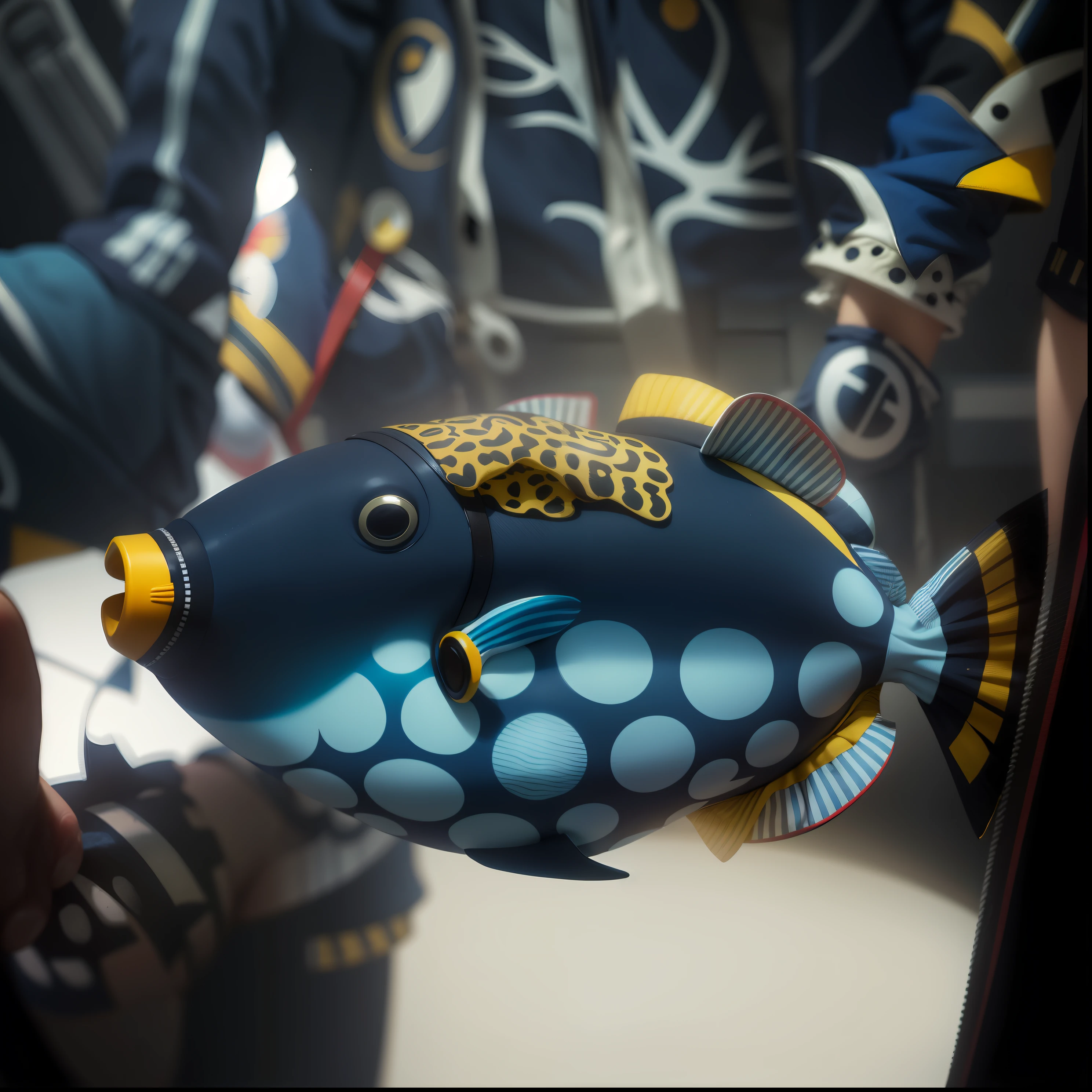 Uma jaqueta bomber, navy blue with white circles and yellow lameness in small parts, jacket inspired by tiger clown fish design,, Clown Triggerfish (Balistoides conspicillum)