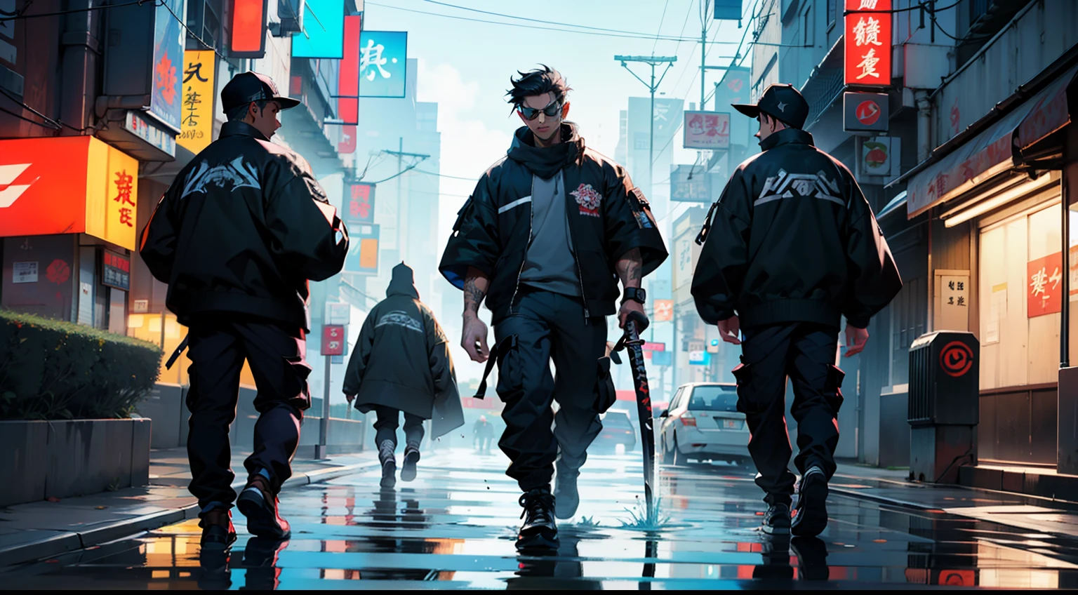 Tangiro Kamada de demon slayer, streetwear xadrez preto e verde, cargo pants, wielding a katana in his right hand, de costas para o viewer, uma cidade japonesa cyberpunk, tempo chuvoso, reflective water, alto detalhamento, super detalhado, bem iluminado, reflexo realista