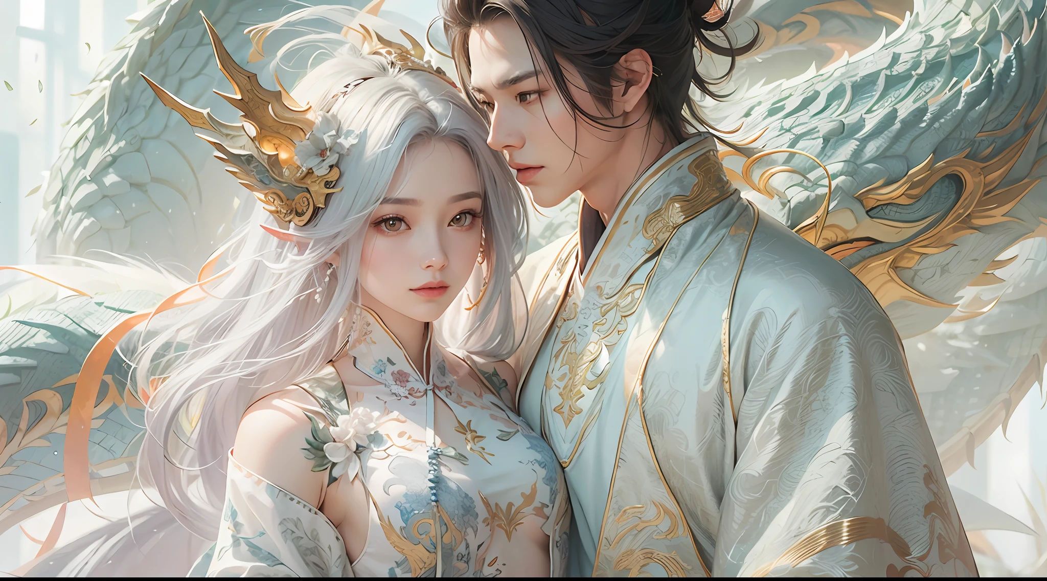 Close-up of a young couple wearing a white dragon dress on their heads，Chinese fantasy，beautiful digital artworks，Ross Tran 8 K，xianxia fantasy，Fenghua Bell，Chinese style，Dragon-inspired cloth robe，Ross Tran和Wlop，