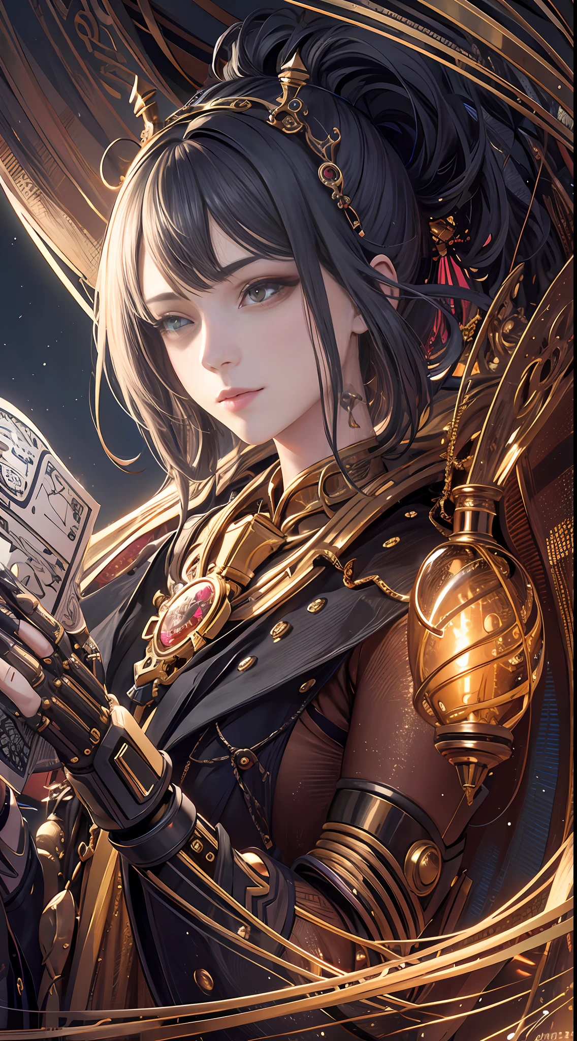 （tmasterpiece，top Quority，best qualtiy，offcial art，Beauty and aesthetics：1.2），（1girl），Extremely detailed，（s fractal art：1.3），extremely colorful，Most detailed 1 mechanical girl，（（hyper realistic detailed）），sportrait，globalillumination，shadowing，rendering by octane，8k，Super sharp，metals，复杂，Decorations detailed，cool colours，egypician detail，highly intricate detail，realistic raytraicing，CGSociety trends，glowing light eyes，facing at the camera，neon light detail，Mechanical limbs，blood vessels attached to the tube，A mechanical vertebrae attached to the back，Mechanical cervical connection of the neck，sitted，wires and cables connecting to head