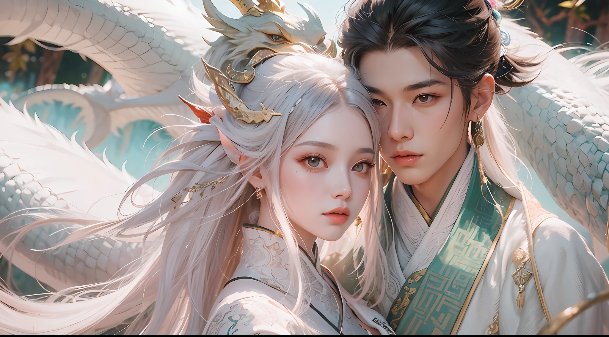 Close-up of a young couple wearing a white dragon dress on their heads，Chinese fantasy，beautiful digital artworks，Ross Tran 8 K，xianxia fantasy，Fenghua Bell，Chinese style，Dragon-inspired cloth robe，Ross Tran和Wlop，