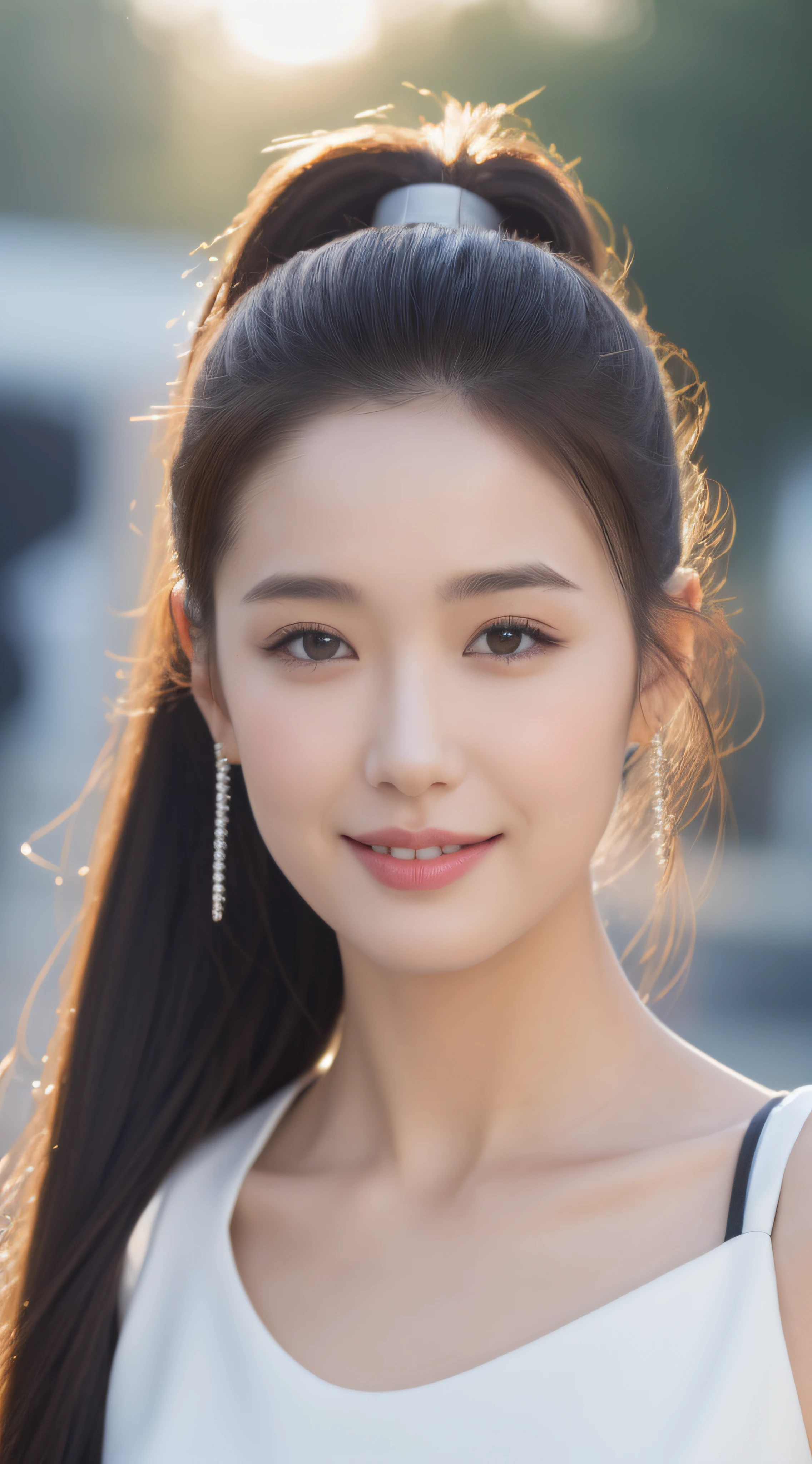 ((Best Quality, 8k, Masterpiece:1.3)), Focus: 1.2, Perfect Body Beauty: 1.4, Buttocks: 1.2, ((High Ponytail, Collarbone: 1.2)), (Short Skirt: 1.1) , (Rain, Street:1.3), Highly detailed face and skin texture, Fine eyes, Double eyelids, Whitened skin, Long hair, (Shut up: 1.3), Smile, Long legs, Full body, Best proportions of four fingers and one thumb, Smiley face, Face texture: 1.3, Sunshine, Summer, collarbone, beautiful eyes, real face, real skin, realistic face, realistic skin, detailed eyes, detailed facial features, detailed clothing features, detailed face, tight fit, POS random, clothes random: 1.1