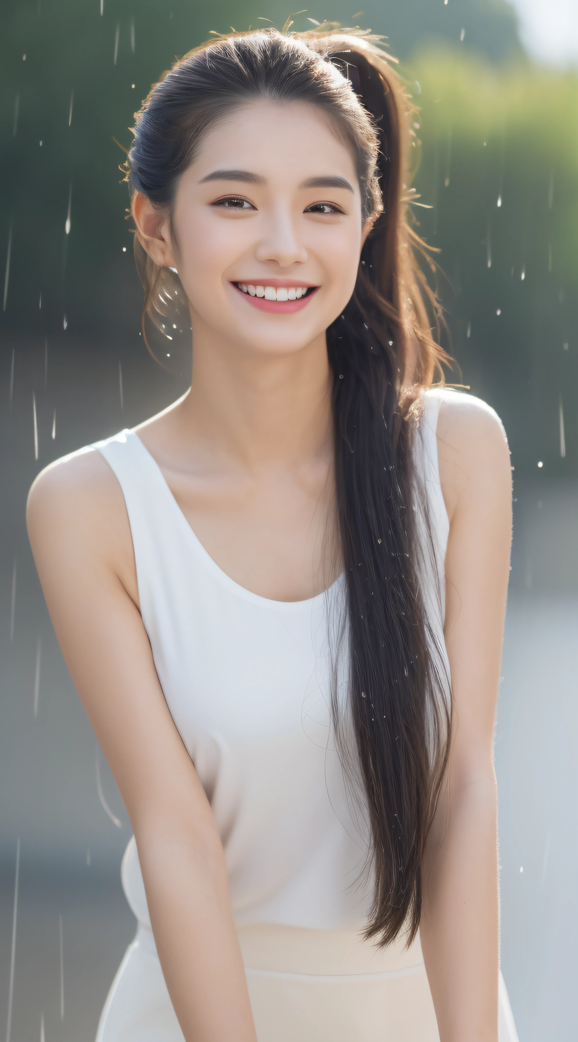 ((Best Quality, 8k, Masterpiece:1.3)), Focus: 1.2, Perfect Body Beauty: 1.4, Buttocks: 1.2, ((High Ponytail, Collarbone: 1.2)), (Short Skirt: 1.1) , (Rain, Street:1.3), Highly detailed face and skin texture, Fine eyes, Double eyelids, Whitened skin, Long hair, (Shut up: 1.3), Smile, Long legs, Full body, Best proportions of four fingers and one thumb, Smiley face, Face texture: 1.3, Sunshine, Summer, collarbone, beautiful eyes, real face, real skin, realistic face, realistic skin, detailed eyes, detailed facial features, detailed clothing features, detailed face, tight fit, POS random, clothes random: 1.1