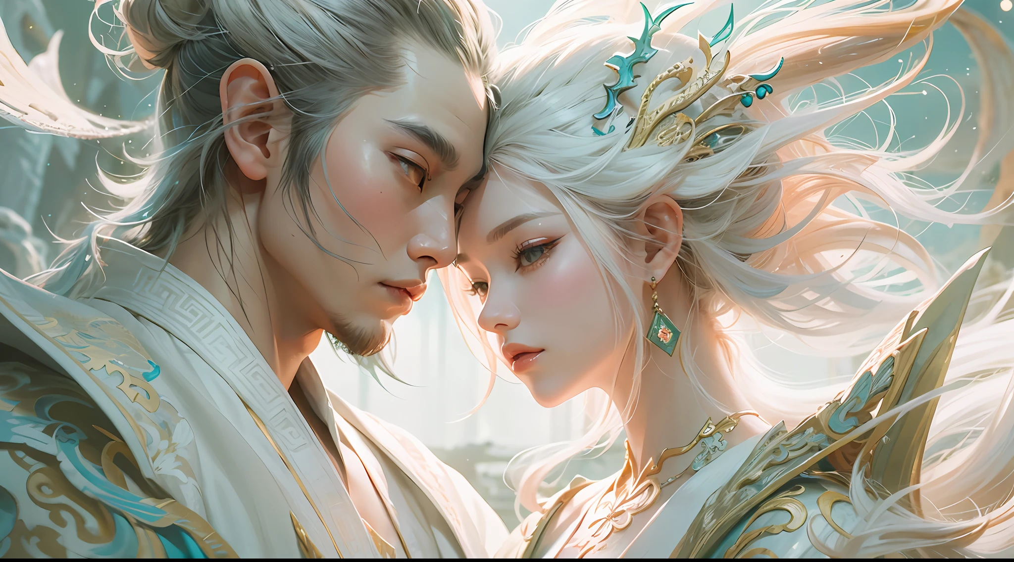 Close-up of a young couple wearing a white dragon dress on their heads，Chinese fantasy，beautiful digital artworks，Ross Tran 8 K，xianxia fantasy，Fenghua Bell，Chinese style，Dragon-inspired cloth robe，Ross Tran和Wlop，