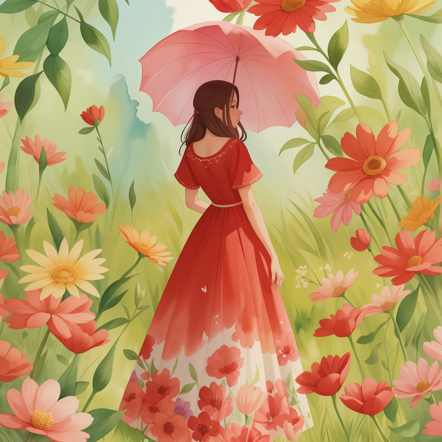 pintura de uma mulher em um vestido vermelho caminhando por um campo de flores, watercolor beautiful illustration