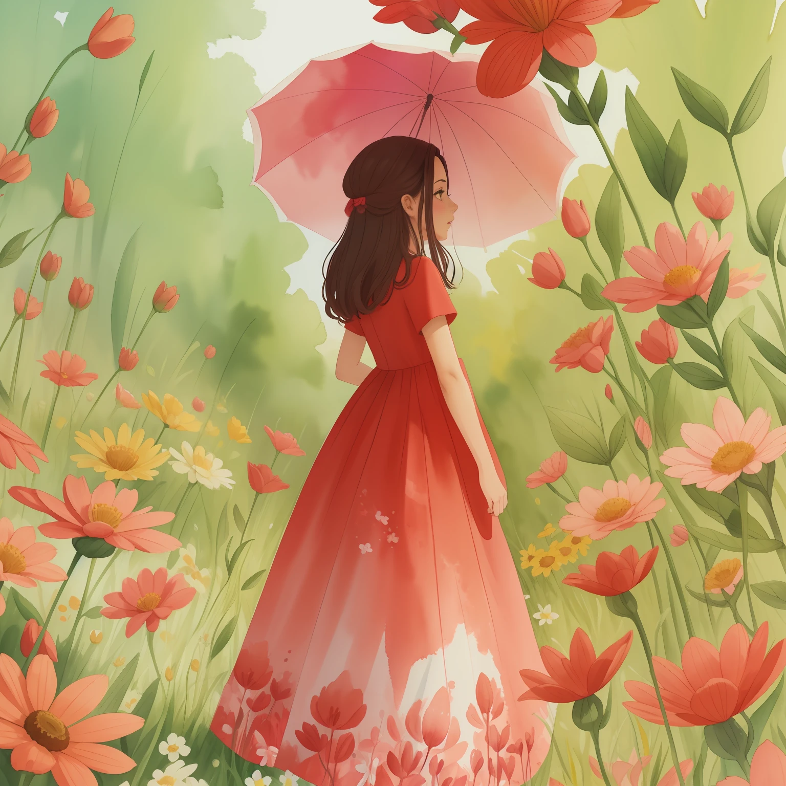 pintura de uma mulher em um vestido vermelho caminhando por um campo de flores, watercolor beautiful illustration