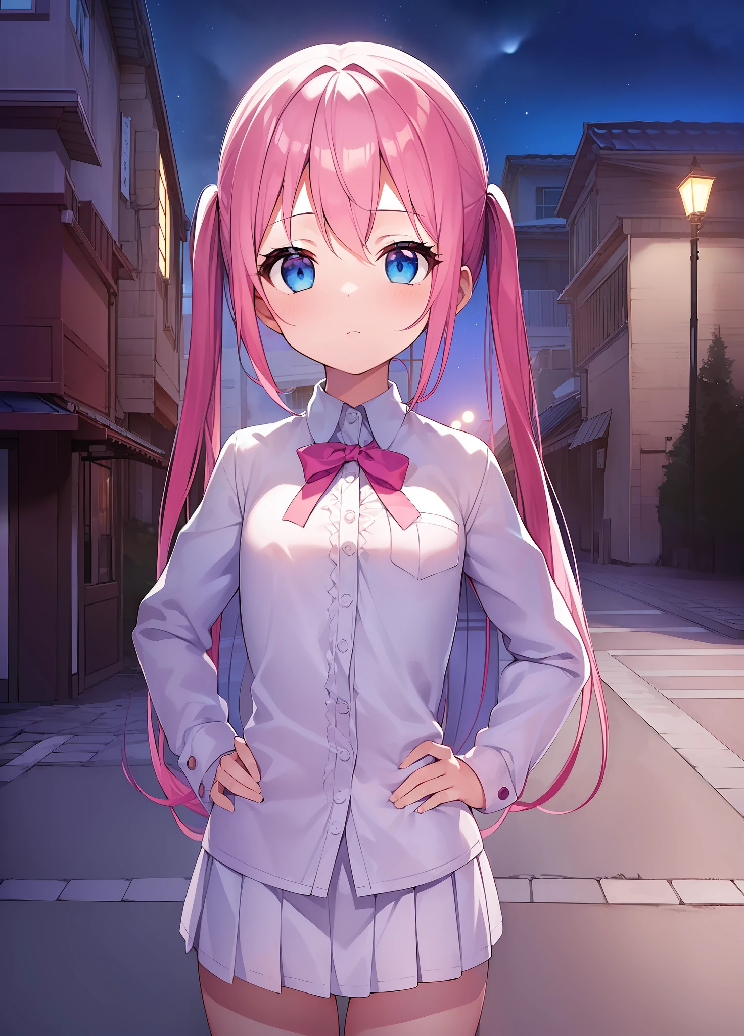 1girl. pink hair.long hair.twintails.{loli}.(short stature).small breast.white t-shirts.skirt. (((masterpiece))).(((best quality))).)((ultra-detailed))).(((illustration))). (((put your hands on your hips))).(((night view))).(((1girl))).