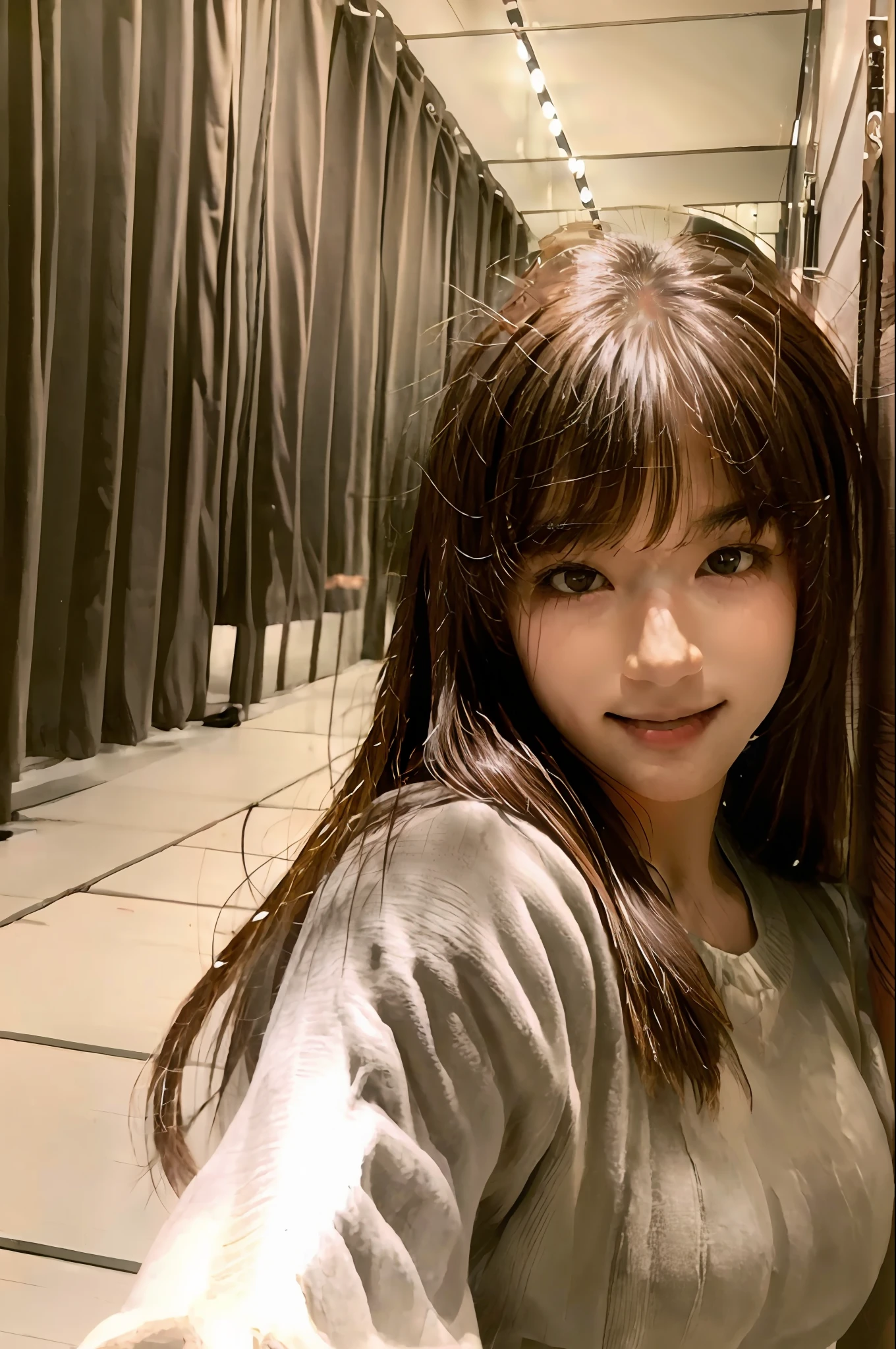 masterpiece, best quality, 1girl,long_hair,light smile, blunt bangs,looking at viewer,selfies,cowboy shot,(shot_hair:2),
(realistic:1.5), cinemagraph,
