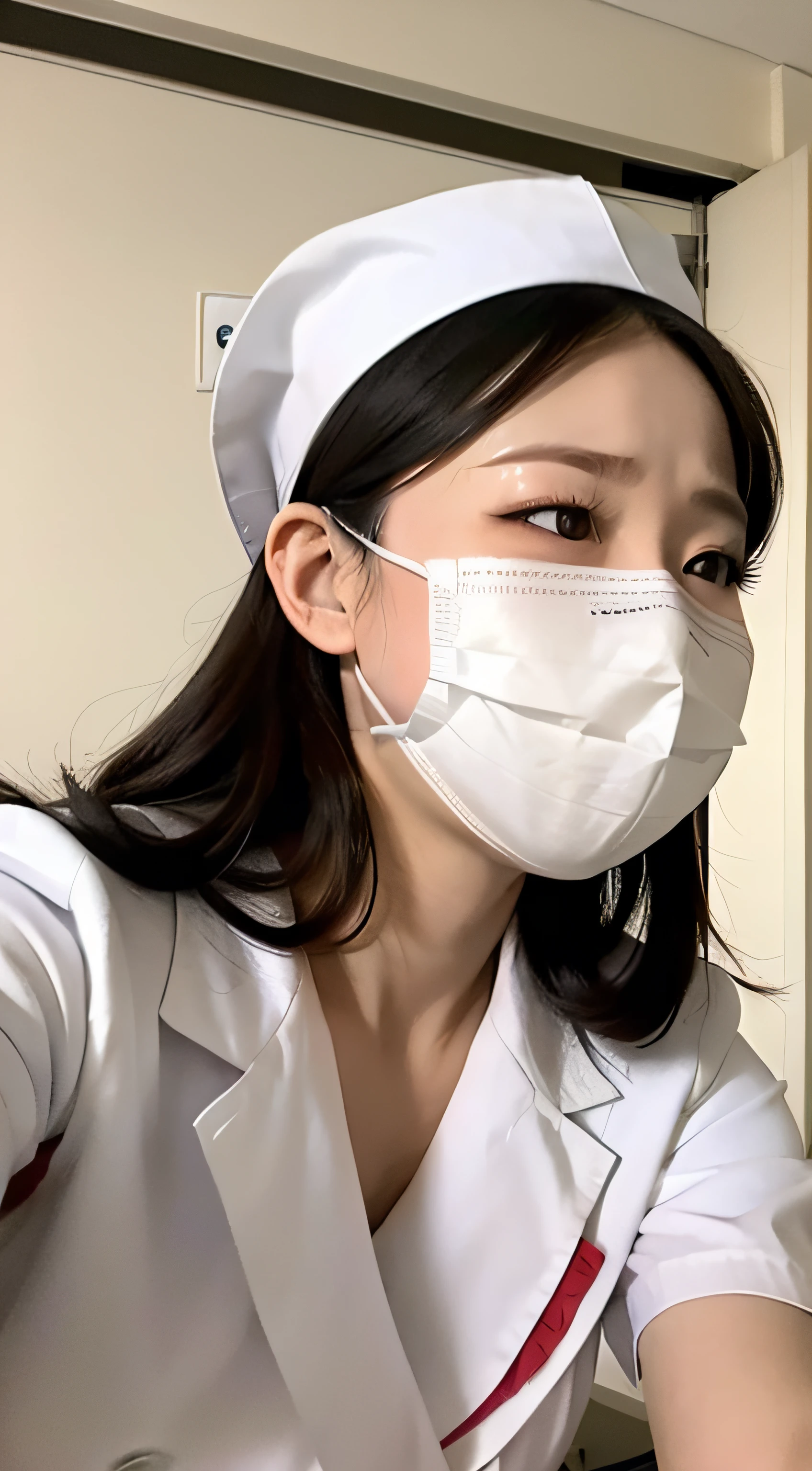In a hospital,White nurse's uniform,mouth mask,cross-eye,huge tit,staredown,weeping ,Extremely excited,suffocating,Can't breathe,climaxing,climaxing,It's almost gone,Going to go