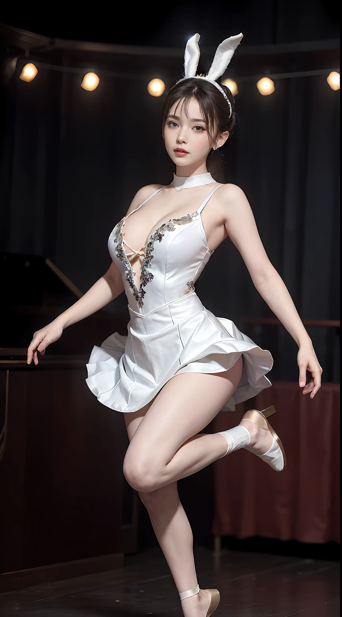 Surrealist women by David Hockney and Alphonse Mucha,Fantasyart,photographrealistic,动态照明,art stations,poster for,huge tit!lamplight,Stage,perform,theater,Volumetriclighting,Tall beauty,body high,Very detailed faces,4 k'',1girll,Stage,low tune,facial closeups,(White ballet costume,Ballet costume,Ballet costumes,ballet dance,Miniskirt bunny girl headdress,cleavage:1.4), updo hair,lots of people,Redlip,ssmile,low chest,deep v big breasts,huge tit,Raised sexy,Bigchest,Large breasts,Breast swelling,Raised chest,blackstockings,Breasts are plump,crisp breasts,A plump chest,the breasts are large,Seductive expressions,Wear earrings,The skirt floated,Hair flowing up,Fairy under fan,wearing a choker,Wear a bracelet,The stands up,standing on your feet,long leges,blackstockings,Wet all over,Moisturizes the whole body,huge tit,Red lips,stocklings,gigantic cleavage breasts,black lence stockings,slenderlegs,Hot dance,ballet dance,Ballerina,full bodyesbian,beautifullegs,Dance,gracefulness,soft,softness,Noble,Rich,largeeyes,eye shadows,Long legs,beautifullegs,Thin leg,split,splitting legs,Dance,Dancer,split,Aerial capture,Jump up,Suspended in the air,Dancing in the air,legs long