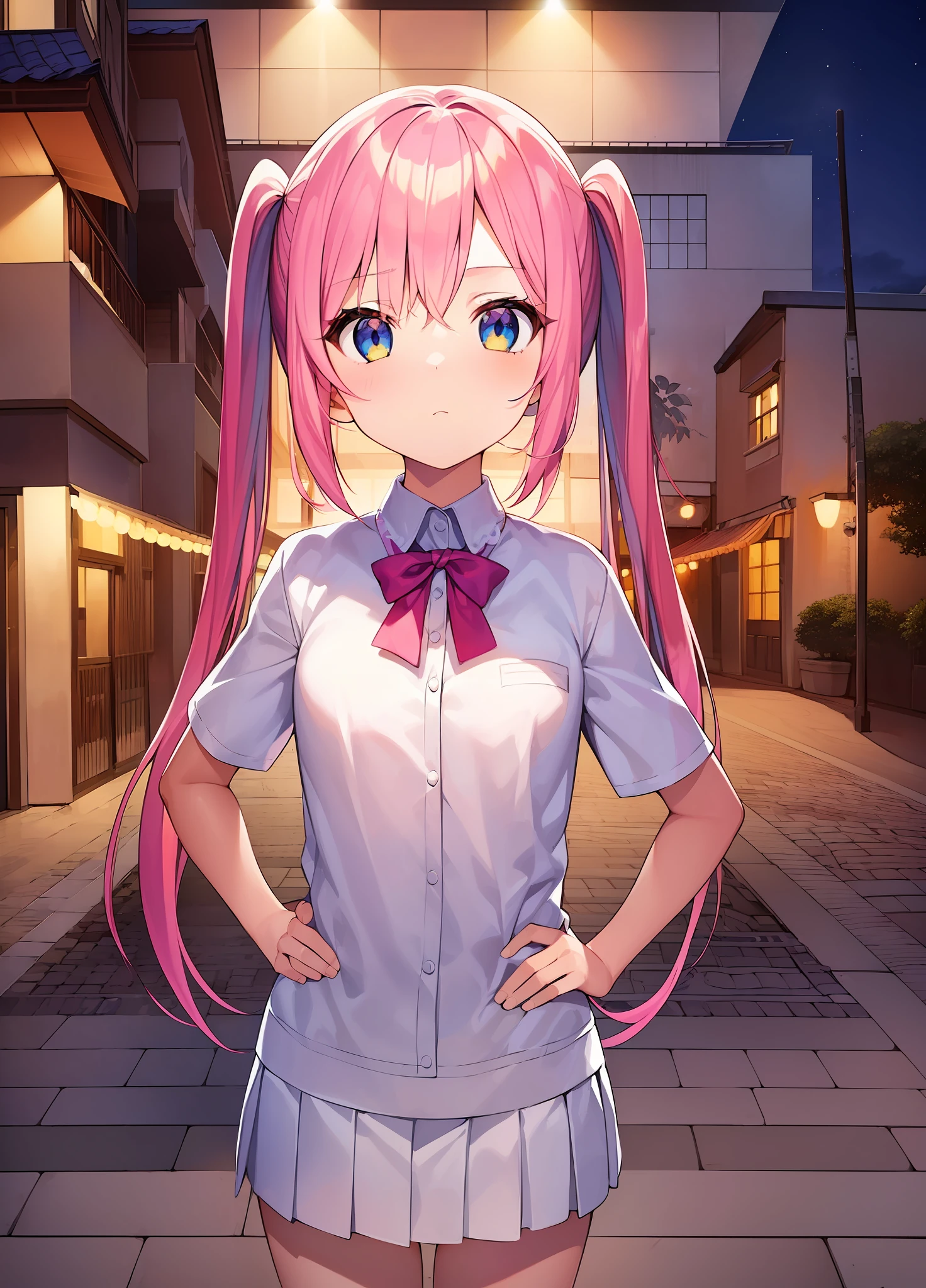 1girl. pink hair.long hair.twintails.{}.(short stature).small breast.white t-shirts.skirt. (((masterpiece))).(((best quality))).)((ultra-detailed))).(((illustration))). (((put your hands on your hips))).(((night view))).(((1girl))).