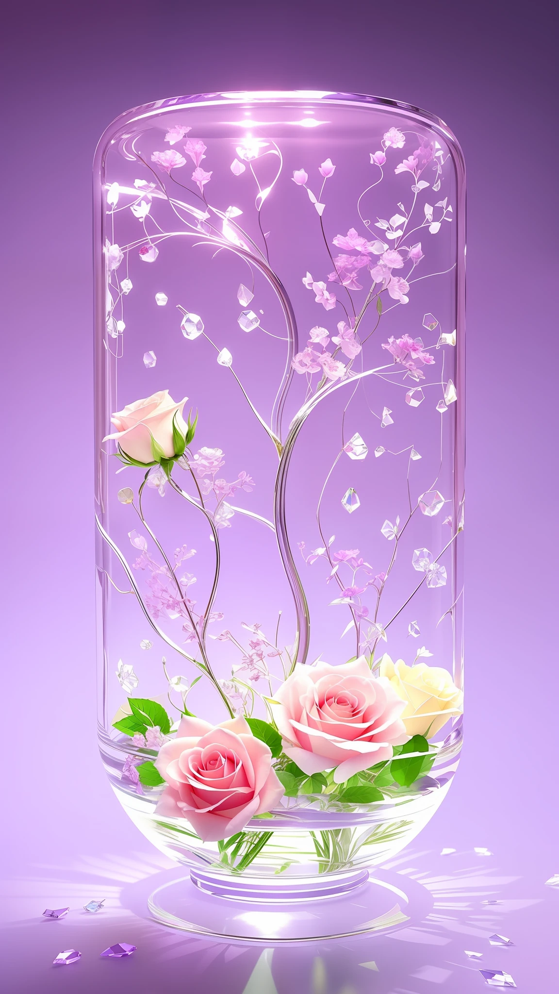 There is a glass vase on the table,There are flowers inside, hd phone wallpaper, phone wallpaper hd, beautiful flowers and crystals, translucent roses ornate, amazing wallpapers, Beautiful wallpaper, beautiful iphone wallpaper, glass flowers, Wallpaper phone, wallpaper mobile, colorful glass art, Beautiful art UHD 4 K, Wallpaper phone. Intricate, transparent glass vase, beautiful glass work