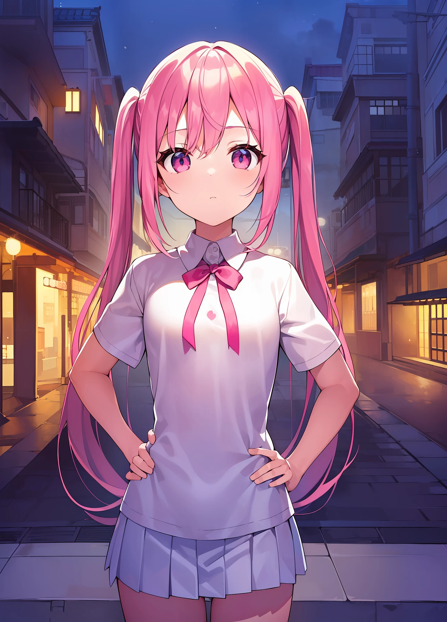 1girl. pink hair.long hair.twintails.{loli}.(short stature).small breast.white t-shirts.skirt. (((masterpiece))).(((best quality))).)((ultra-detailed))).(((illustration))). (((put your hands on your hips))).(((night view))).(((1girl))).