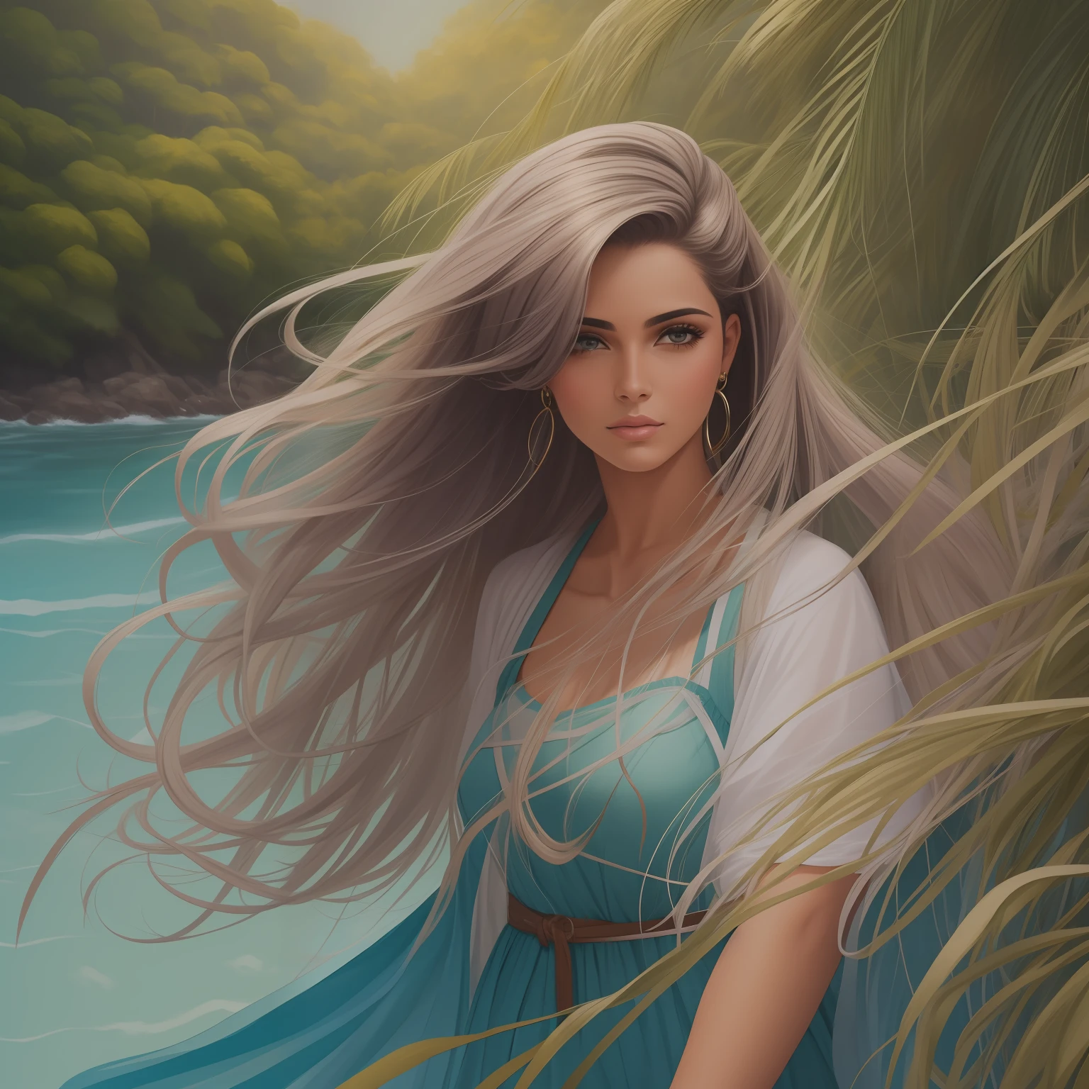 pintura de uma mulher sentada na grama com cabelos longos, de cabelo comprido, longos cabelos louros, sentada perto de um rio