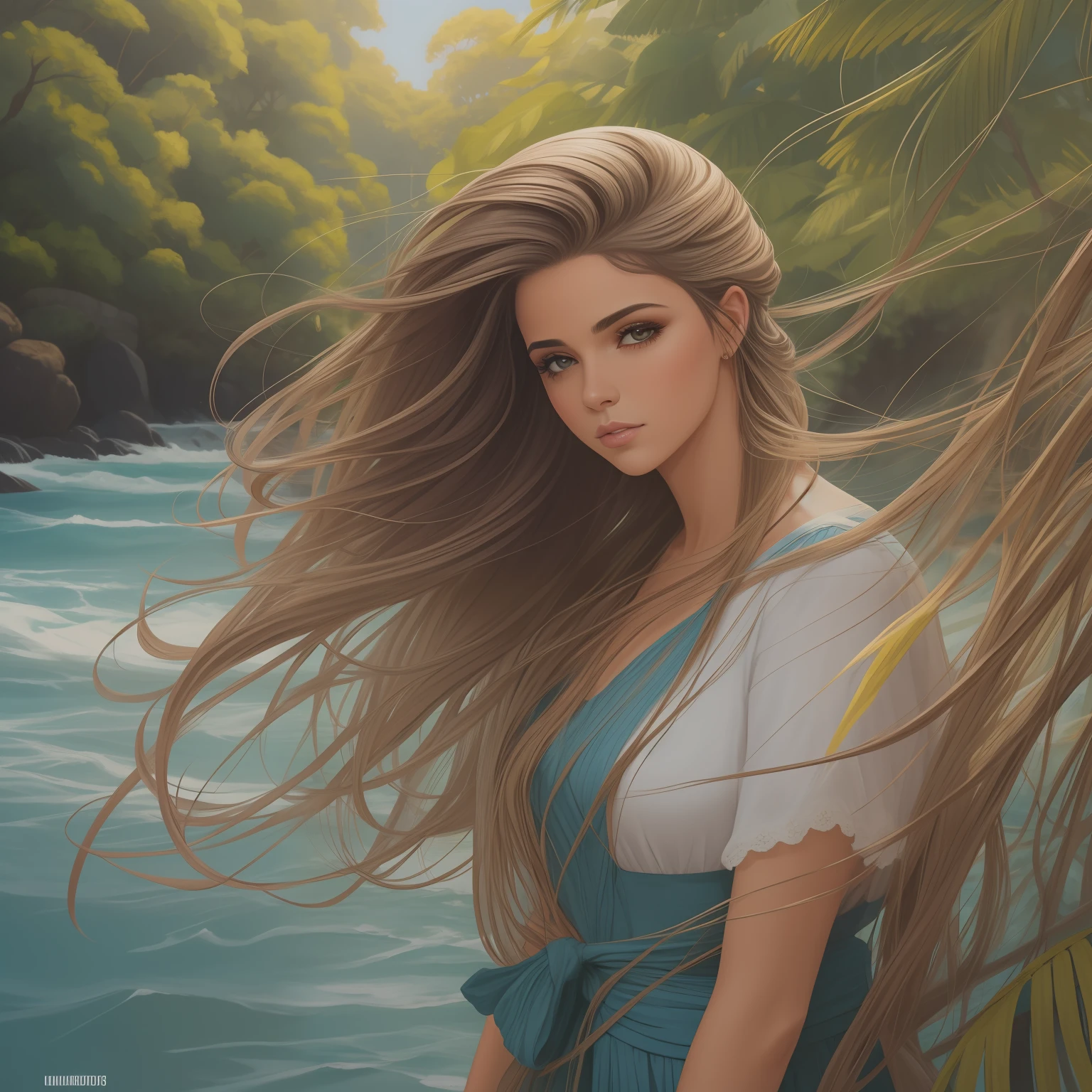 pintura de uma mulher sentada na grama com cabelos longos, menina de cabelo comprido, longos cabelos louros, sentada perto de um rio