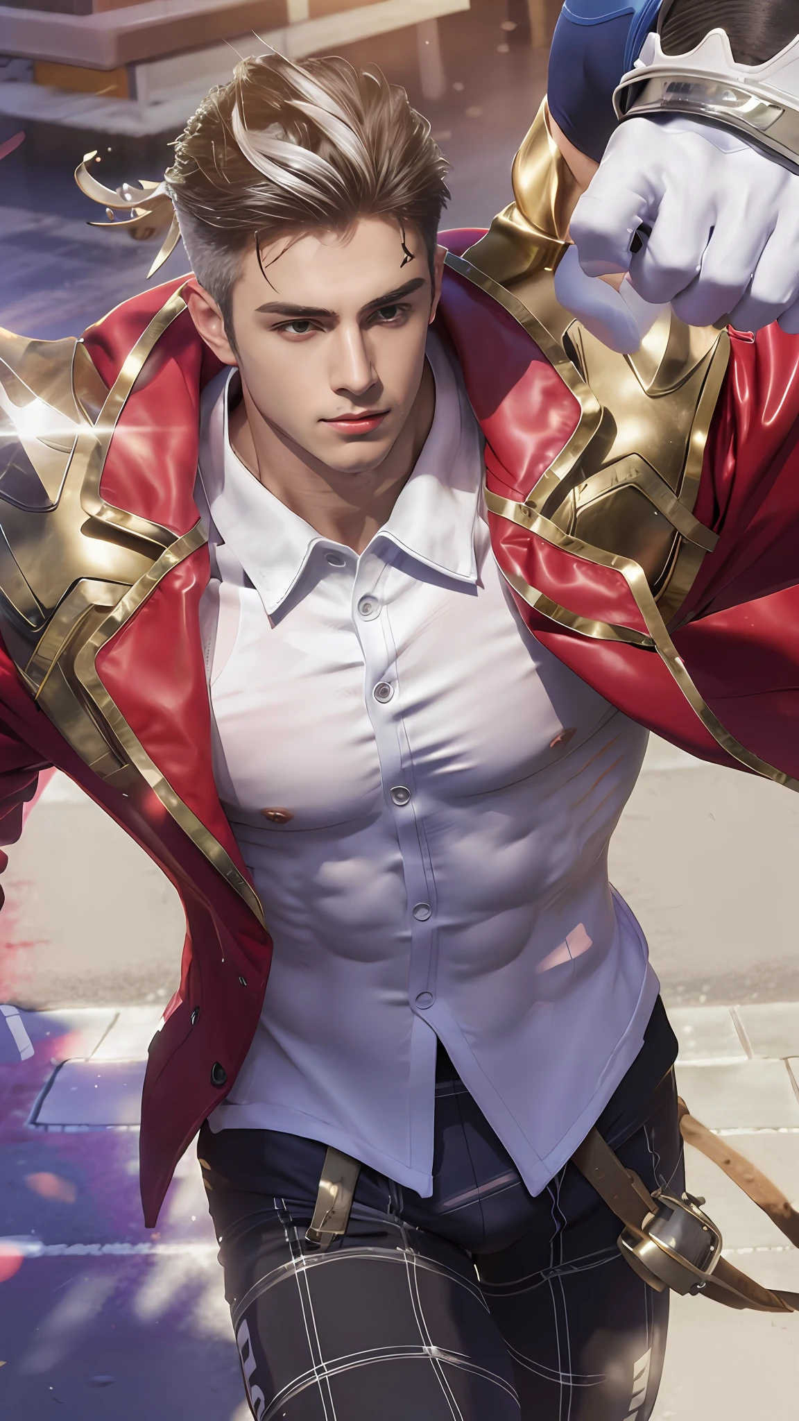 masterpiece, best quality, extremely detailed, intricate,
1boy, white torn sport tights, bikesuit, white socks, sneakers, muscular male, 6 pack abs, big pectoralis, shiny white skin, bare pectorals,
detailed face, naughty face, black eyes, short black hair, shiny blue necklace, eye reflection, looking at viewer, manly,
outdoors, street, shop, sunlight, soft side light,