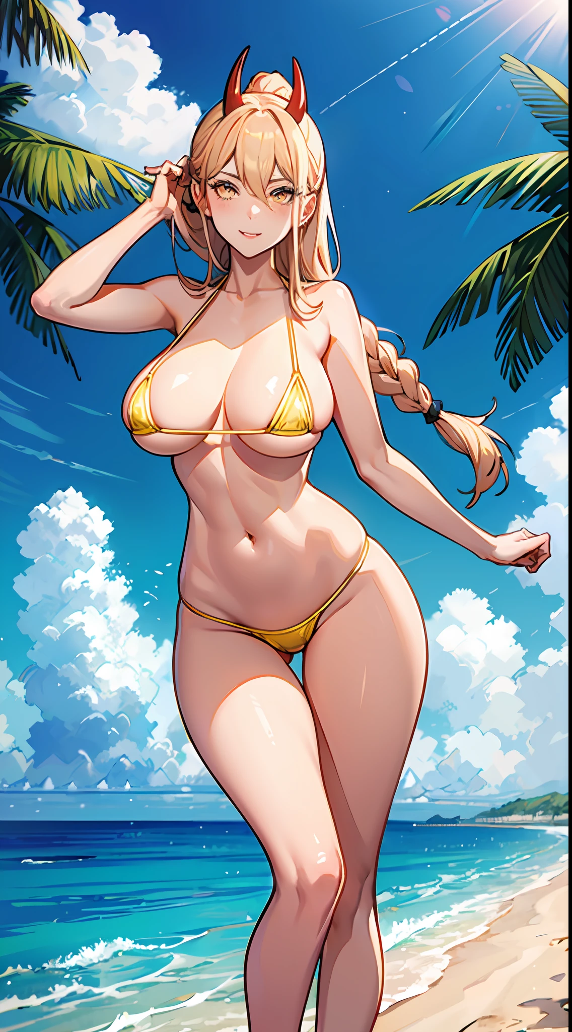 (((Masterpiece))),(((Best Quality))),(((Extremely Detailed))), Illustration, (High Resolution), High Quality, power_(chainsaw_man) 1girl ass bare_arms bare_legs bare_shoulders beach belly bikini blonde_hair blue_sky braid breasts cameltoe child_bearing_hips clavicle clothing cloud curvaceous curvy_female curvy_hips day demon_horns female female_only front_view hand_around_waist horns hourglass_figure large_breasts legs light_skin light-skinned light-skinned_female lips long_hair looking_at_viewer multiple_girls navel outdoors palm_tree pinup ponytail red_bikini red_hair red_horns red_swimsuit single_braid sky smile spiral_eyes standing sunlight swimsuit tied_hair tree voluptuous water waves yellow_eyes, (((micro bikini)))
