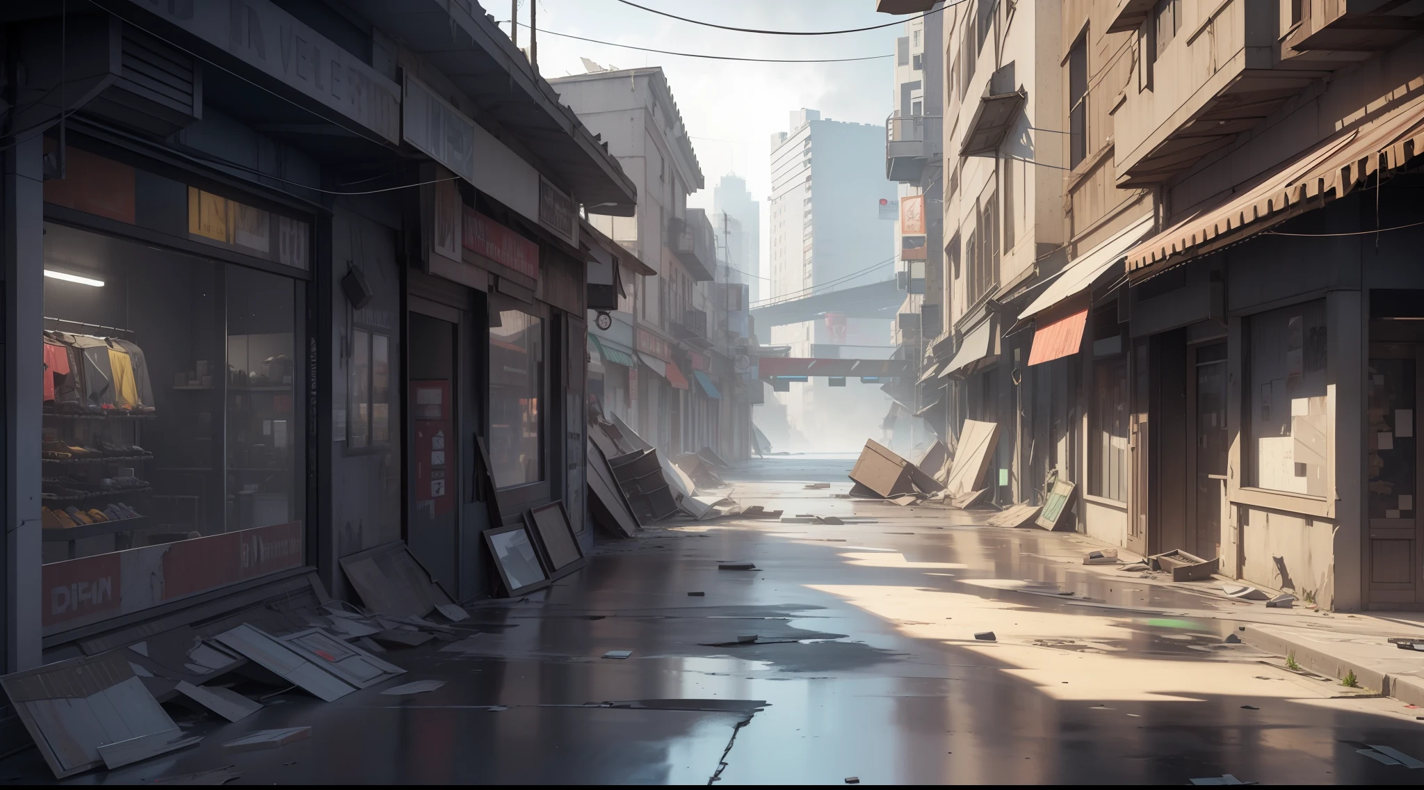 3D Model HD Rendering, Architectural Rendering, Right Angle Isometric View, 45 Degree Angle, (Gray Background), High Detail, Cinematic, Global Illumination, Realistic Lighting, Unreal Engine Rendering, Substance 3D, Octane Rendering, (HDR:1.3), (Cluttered Dilapidated Street Shops, All Over the Floor), Crash, Combat Damage Style, Overgrown