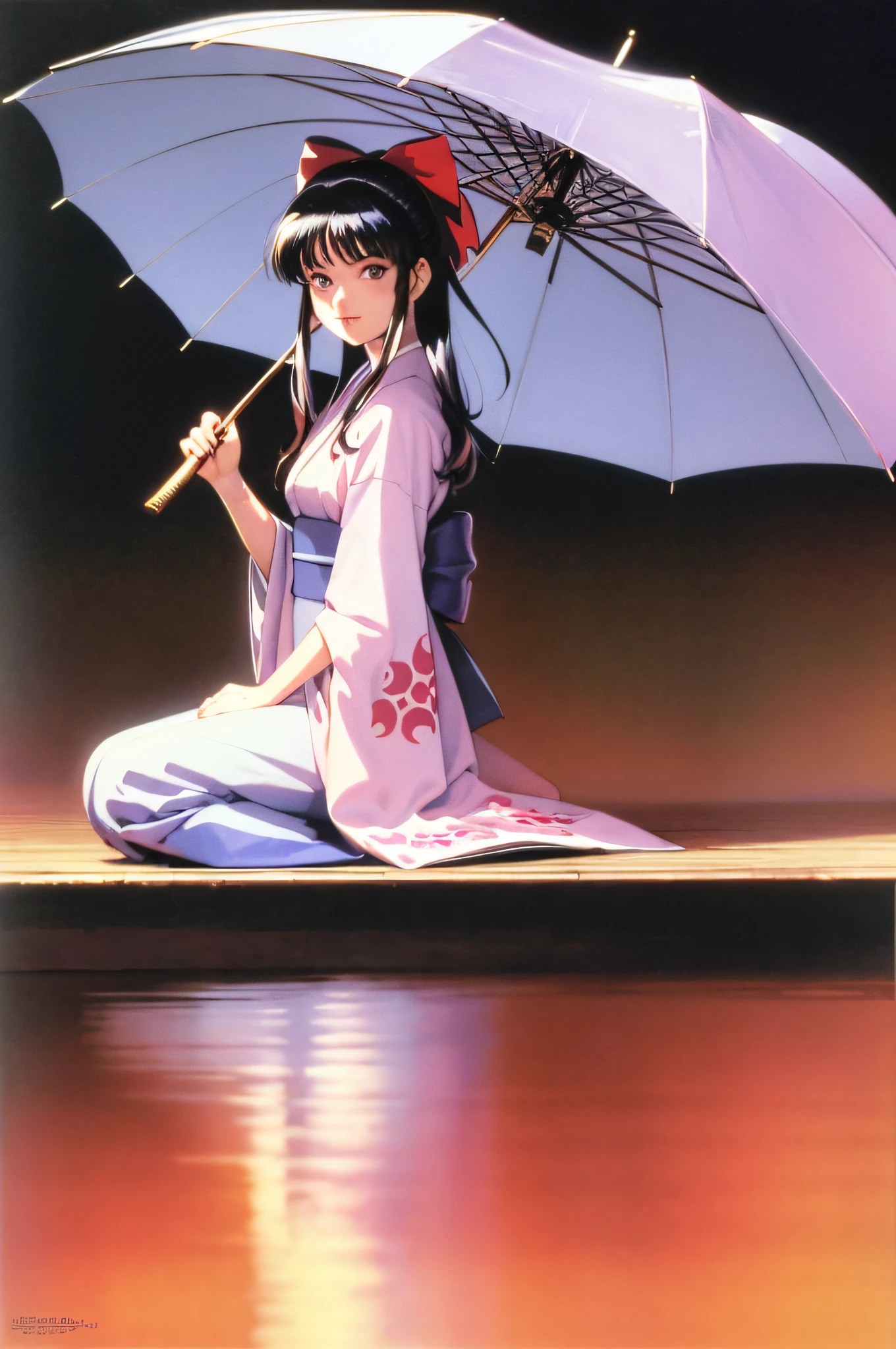 masterpiece, best quality,(1990s \(style\):1.2),Sakura Shinguuji (sakure wars), 1girl, umbrella, solo, japanese clothes, long hair, flower, oil-paper umbrella, kimono, hydrangea, bow