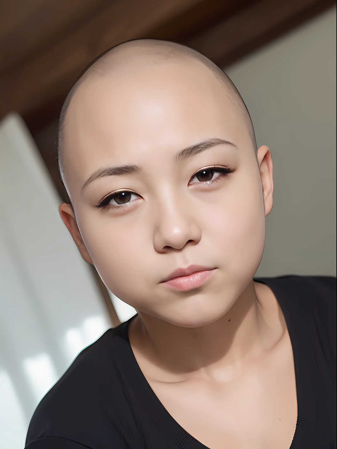 （shaved head）, （japanese woman）, round face, not so cute, snub nose, large nostrils, chunky lips, small double eyelid, the eyes are far apart, Chubby, high quality, Masterpiece, 8k, real portrait, realistic pictures, full body photo, age is 40, loincloth on camisole, dance naked on stage, sucking a dildo, bald head, skinhead, sex by mouth, slave