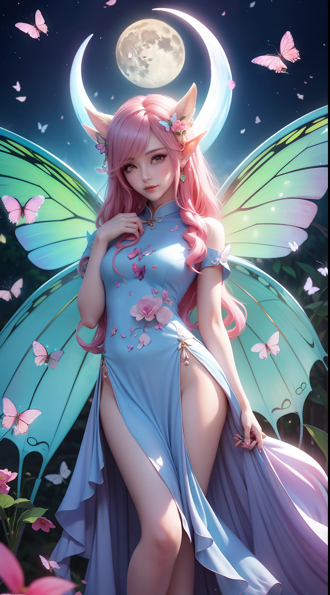 elvish ears，Green cheongsam，Long legs，Colorful butterfly wings，Skysky，Moon，Fly hand in hand with girls