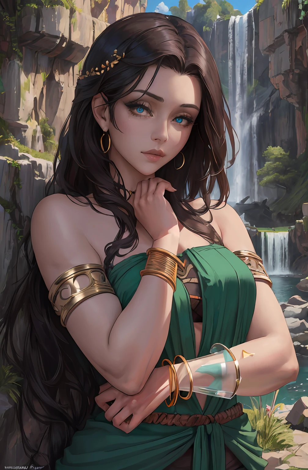 ((Realistic:1.5)),Ulzzang-6500:1.4,((Best quality)), ((Masterpiece)),((Detailed)),2girls,duo,{2 beautiful women}, (Upper body:1.3),Hug and touch each other, Tease your friend's waist, Breathless friends, Biting a friend's earlobe, crouched,super wide shot,Face focus, Long legs,Curvy, Barefoot,Wide hips, Thin legs, Oversized eyes,Long eyelashes, (Detailed face,beautidful eyes, detailedpupils,detailed clothes features, Clear background:1.3), (armlets, bangle:1.3), Mysterious ancient ruins, floresta exuberante, Deep canyon,bridge,River,cliff,Cloud,lakes,Rock music,Waterfalls, Flowers, Grass,grape trees,tree,bright detail,Sharp,Perfect compounding, Intricate, Sharp focus, Dramatic,