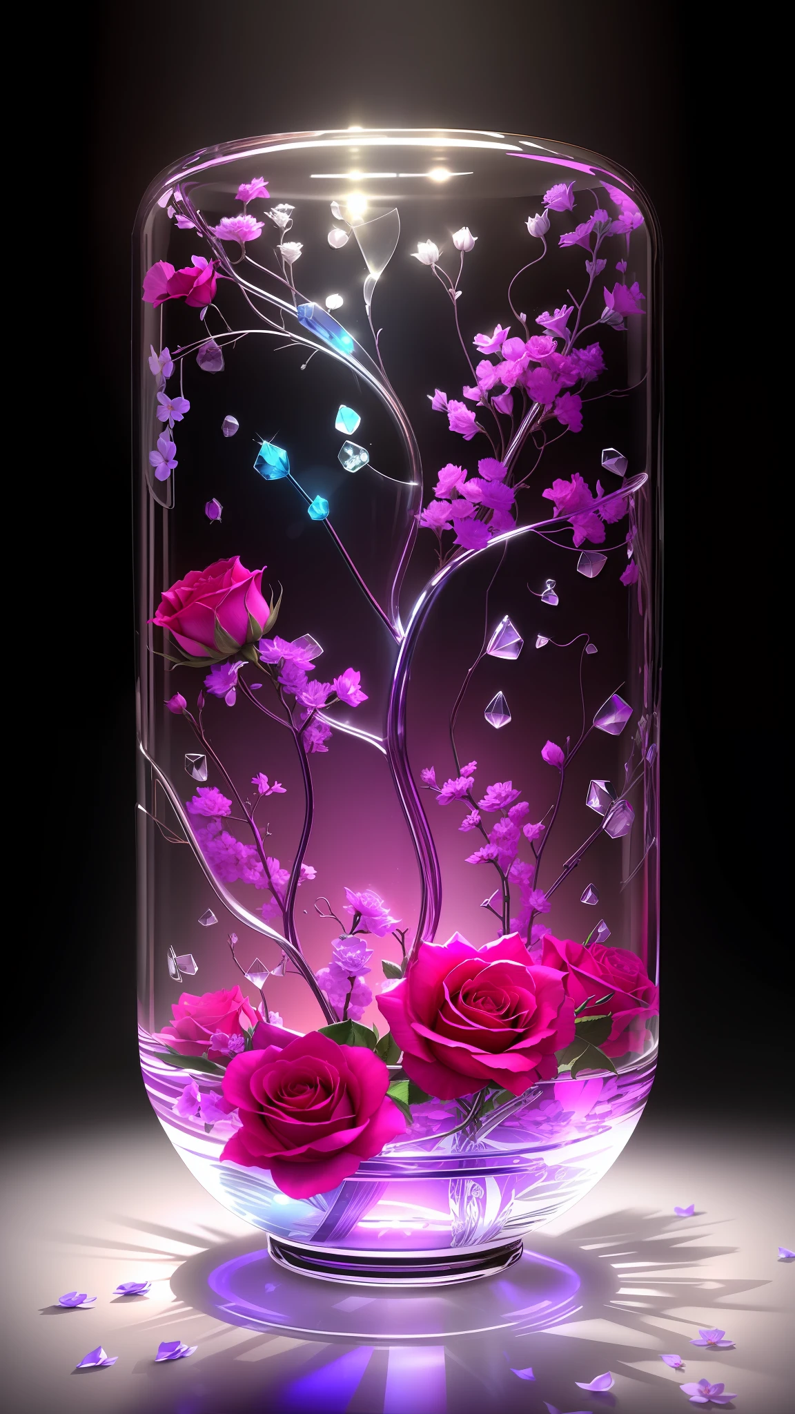 There is a glass vase on the table,There are flowers inside, hd phone wallpaper, phone wallpaper hd, beautiful flowers and crystals, translucent roses ornate, Amazing wallpapers, Beautiful wallpaper, beautiful iphone wallpaper, glass flowers, Wallpaper phone, wallpaper mobile, colorful glass art, Beautiful art UHD 4 K, Wallpaper phone. Intricate, transparent glass vase, beautiful glass work