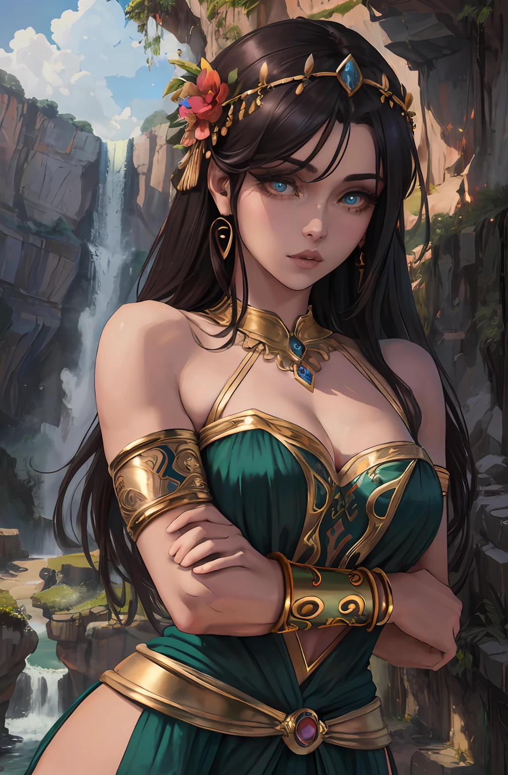 ((Realistic:1.5)),Ulzzang-6500:1.4,((Best quality)), ((Masterpiece)),((Detailed)),2girls,duo,{2 beautiful women}, (Upper body:1.3),Hug and touch each other, Tease your friend's waist, Breathless friends, Biting a friend's earlobe, crouched,super wide shot,Face focus, Long legs,Curvy, Barefoot,Wide hips, Thin legs, Oversized eyes,Long eyelashes, (Detailed face,beautidful eyes, detailedpupils,detailed clothes features, Clear background:1.3), (armlets, bangle:1.3), Mysterious ancient ruins, floresta exuberante, Deep canyon,bridge,River,cliff,Cloud,lakes,Rock music,Waterfalls, Flowers, Grass,grape trees,tree,bright detail,Sharp,Perfect compounding, Intricate, Sharp focus, Dramatic,