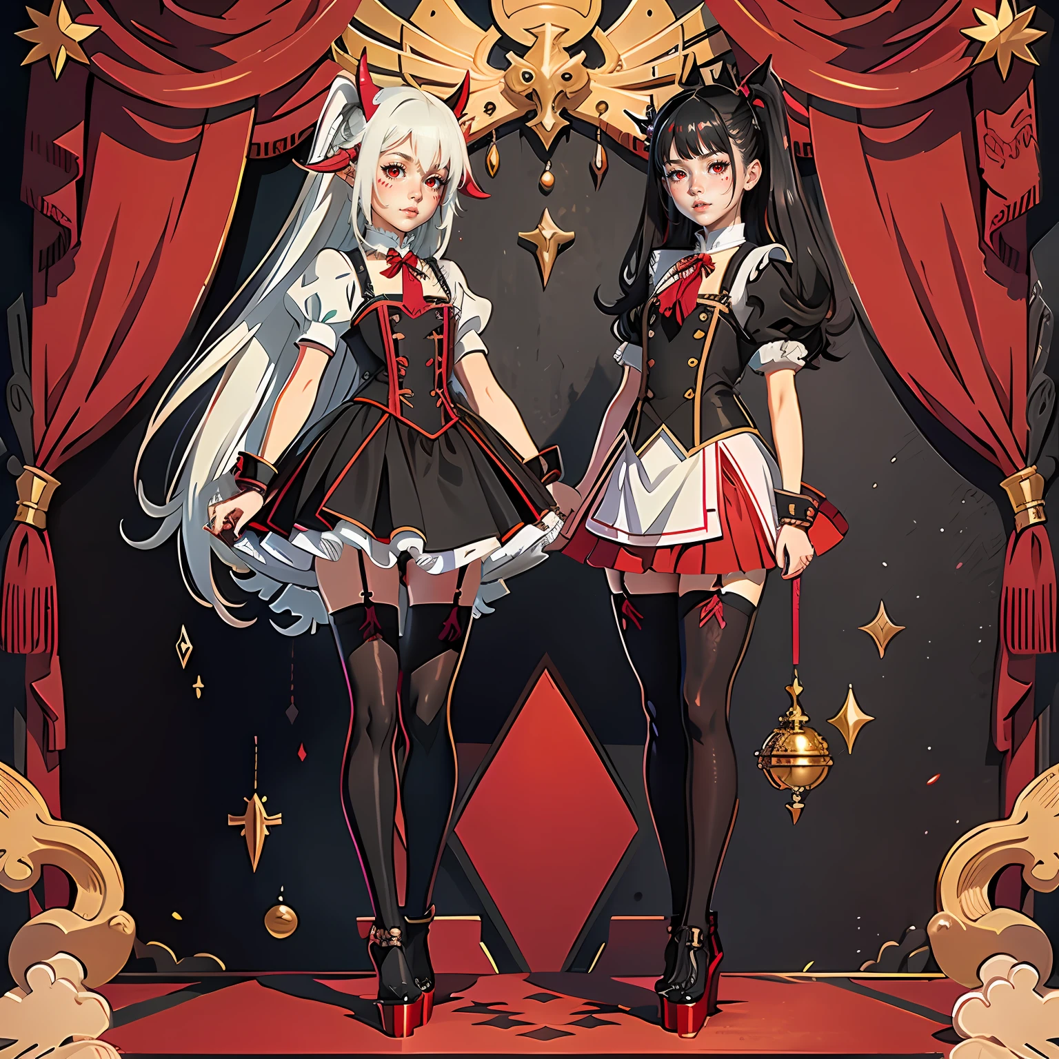 Girl 1,teens girl,Dragon's horn,the maid outfit,standing on your feet,Girly face,whaite hair,Red eyes,floated hair,high-heels,black lence stockings,Comic style face