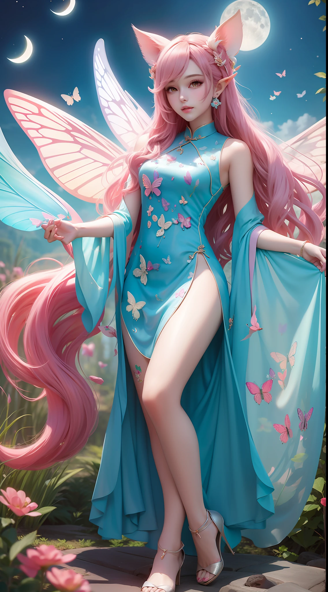elvish ears，Green cheongsam，Long legs，Colorful butterfly wings，Skysky，Moon，Fly hand in hand with girls