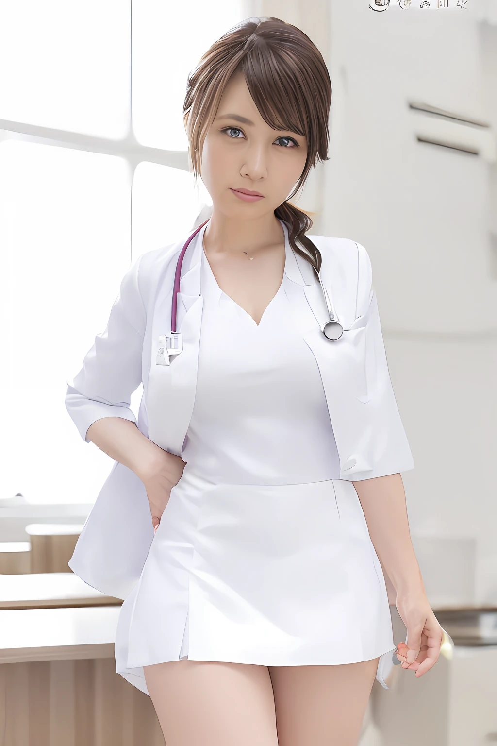 Alafed woman in white nursing uniform poses for photo,Ultra mini skirt、much shorter skirts、Sit so that you can see your panties.、Short skirts that look good on the thighs、Glossy appearance、Open your legs from side to side、Take a good look at your panties,、panthyhose、White panty、Beautiful camel toe、beautiful thigh、Beautiful facial features、poneyTail、 nurse girl, Nurse lab coat, close - fitting nurse costume, doctor, sakimichan, (doctor), White uniform, Yasumoto Oka