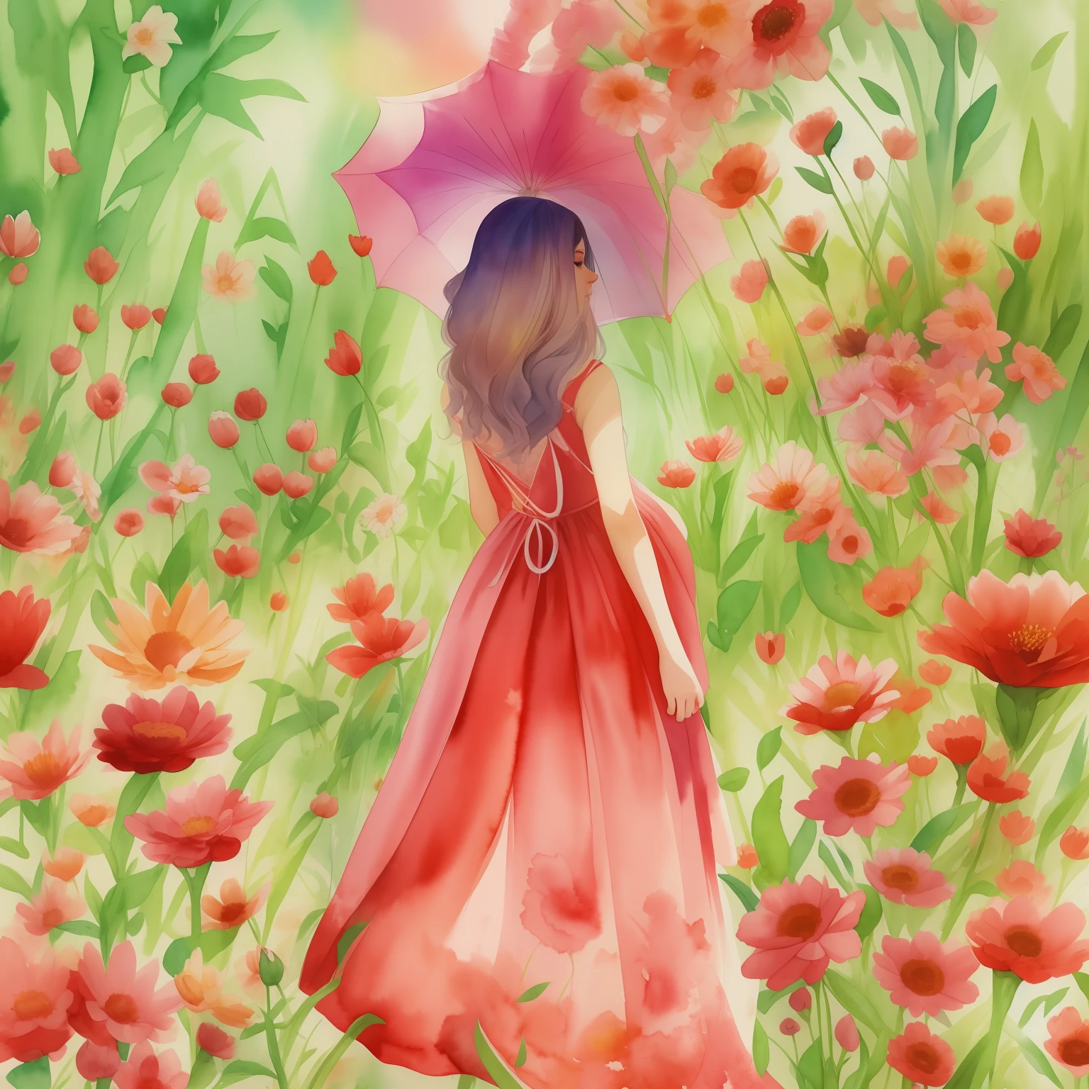 pintura de uma mulher em um vestido vermelho caminhando por um campo de flores, watercolor beautiful illustration