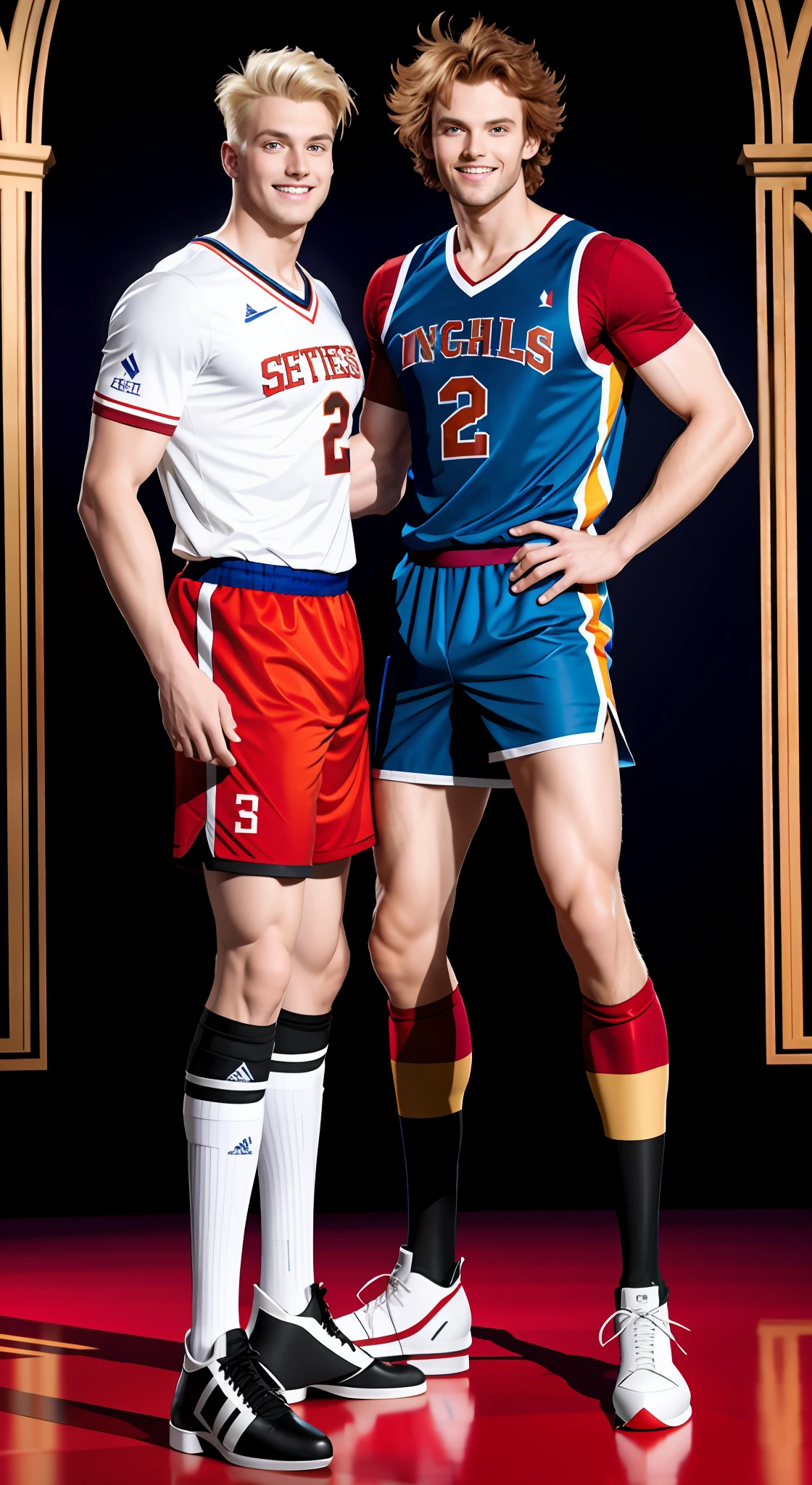 tmasterpiece， Best quality at best， 2 young men， A gay couple， Homosexuality， 2 Men， A red-haired person and another blonde person， Height difference， Different colors， apathy， Loves， Church background， Thick and messy hair，Gay，Both wore basketball uniforms，Knight boots Seductive feet，Model figure，Tall，without a beard，年轻