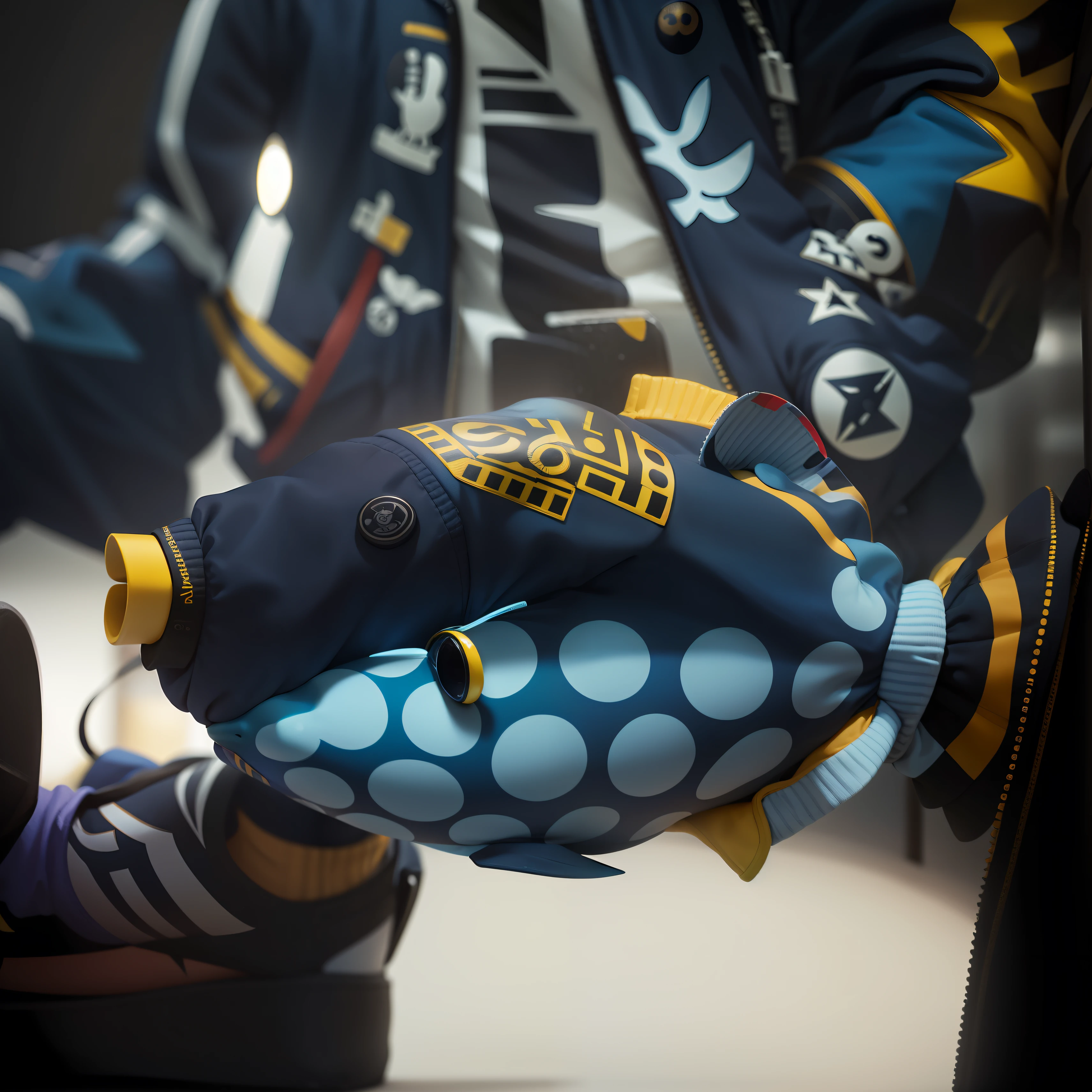 Uma jaqueta bomber, navy blue with white circles and yellow lameness in small parts, Jacket inspired by tiger clown fish design,, Clown Triggerfish (Balistoides conspicillum |)