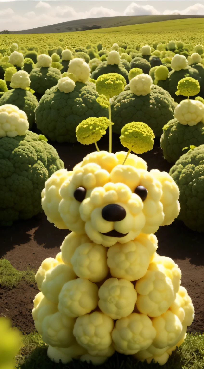 There are many cauliflower bears in the cauliflower fields, YouTube video screenshots, made of food, humanoids overgrown with flowers, mandkaws, japanese cgi, bubbles vfx, award winning cgi, music video, cute coronavirus creatures, coronavirus as a stuffed toy, flowey, tv commercial, in claymation, claymation style