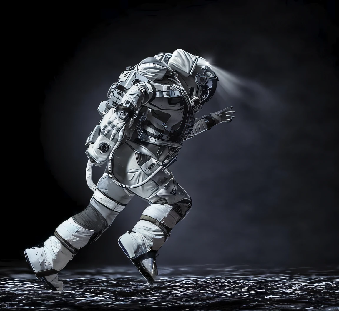 Astronauts in spacesuits running on the moon with flashlights, astronaut walking, Moonwalk, dusty space suit, Astronaut, astronaut lost in liminal space, Spacesuit, interstellar space suit, An astronaut, detailed astronaut, Inspired by Alan Bean, fully space suited, astronaut in space, space suit, wearing spacesuit, lonely astronaut, astronaut in space