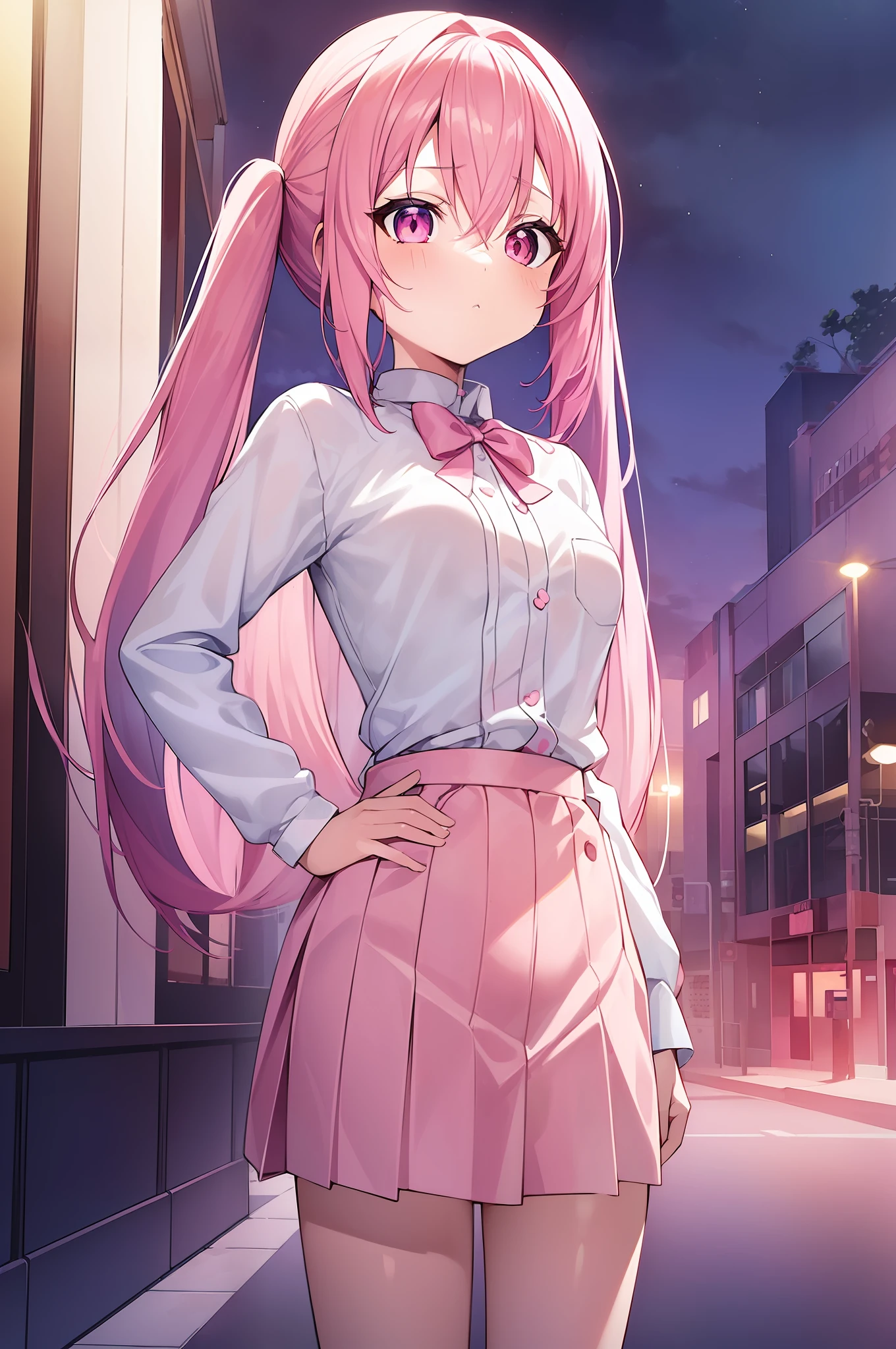 1girl. pink hair.long hair.twintails.{loli}.(short stature).small breast.white t-shirts.skirt. (((masterpiece))).(((best quality))).)((ultra-detailed))).(((illustration))). (((put your hands on your hips))).(((night view))).(((1girl))).