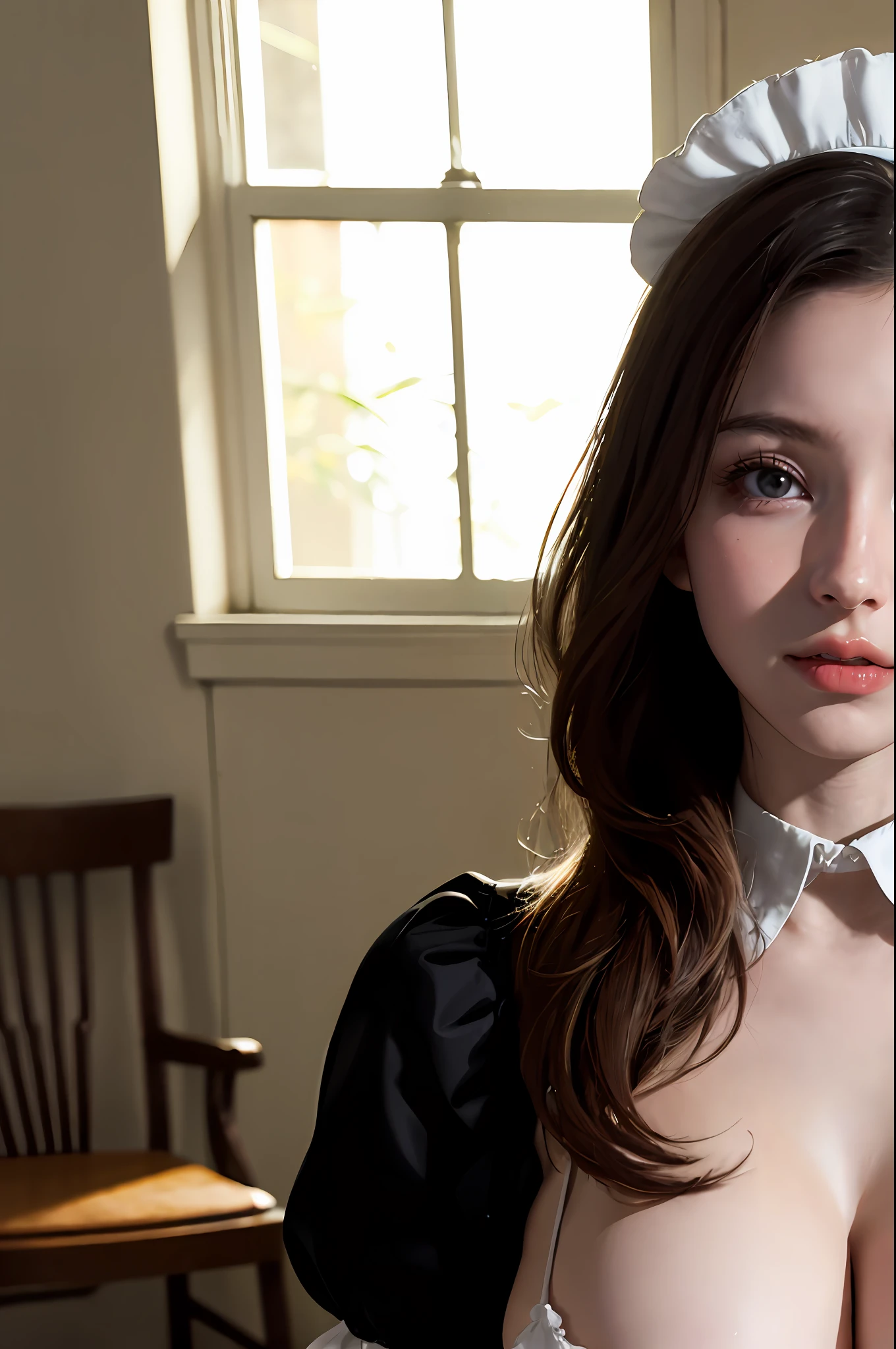there is a woman in a maid outfit posing for a picture, gorgeous maid, Maid outfit, maid, a sexy maid in a magical forest, pale-skinned, amouranth, Maid dress, mais conhecido como Amouranth, young beautiful amouranth, anime girl in a maid costume, beautiful age girl, wearing maid uniform, Surrealism female students,tit,Beautiful udder