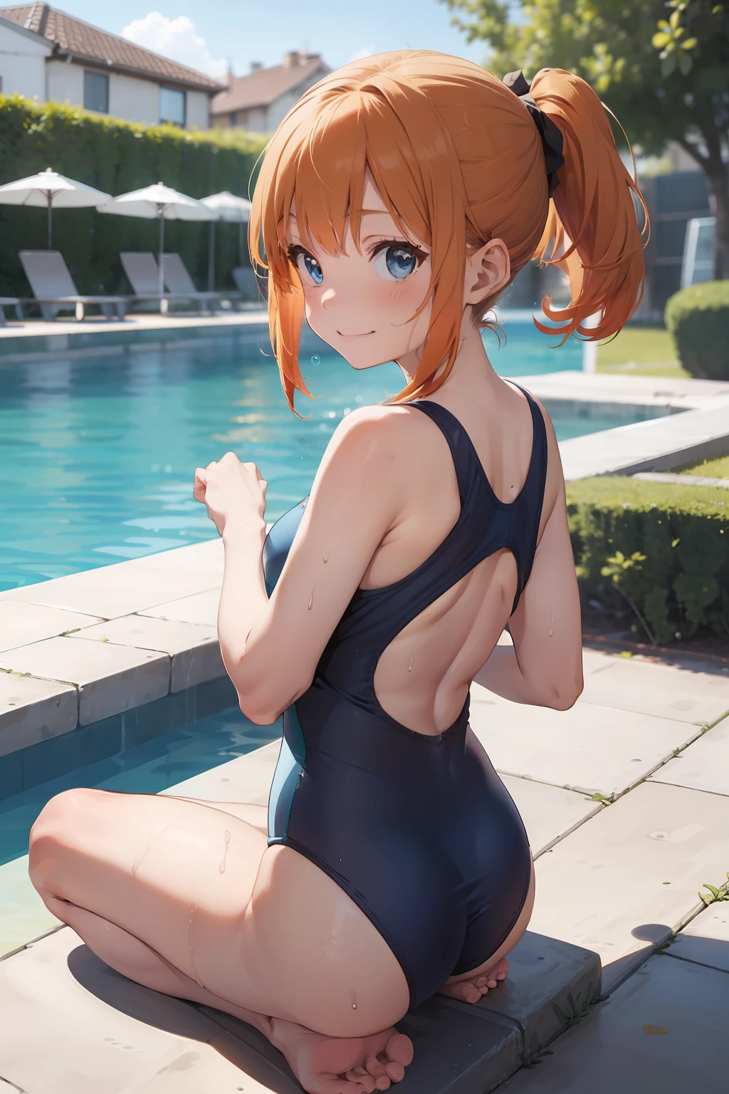 , small girl, fox ears, school green swimsuit, near pool, sunny weather, wet swimsuit, blue eyes, long hair, orange hair, flat chest, feet visible, shy, smile, cheerful, accurate hands, realistic hands, detailed hands, view from the back, looking at camera, full length, ponytails, detailed feet, realistic feet, detailed, accurate, cute green swimsuit