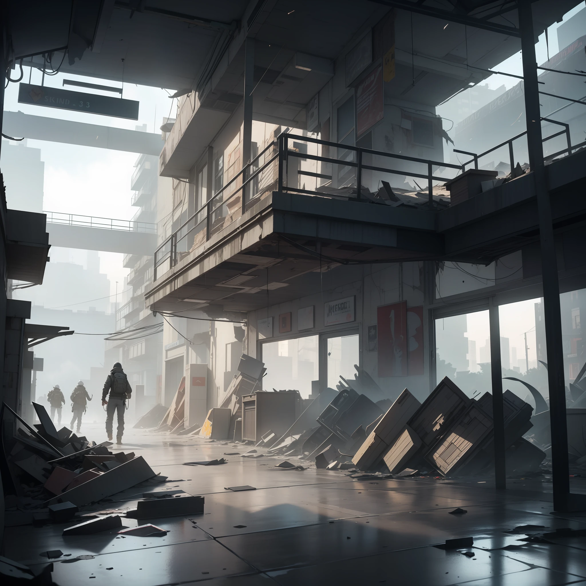 3D Model HD Rendering, Architectural Rendering, Right Angle Isometric View, 45 Degree Angle, (Gray Background), High Detail, Cinematic, Global Illumination, Realistic Lighting, Unreal Engine Rendering, Substance 3D, Octane Rendering, (HDR:1.3), (Cluttered Dilapidated Street Shops, All Over the Floor), Crash, Combat Damage Style, Overgrown
