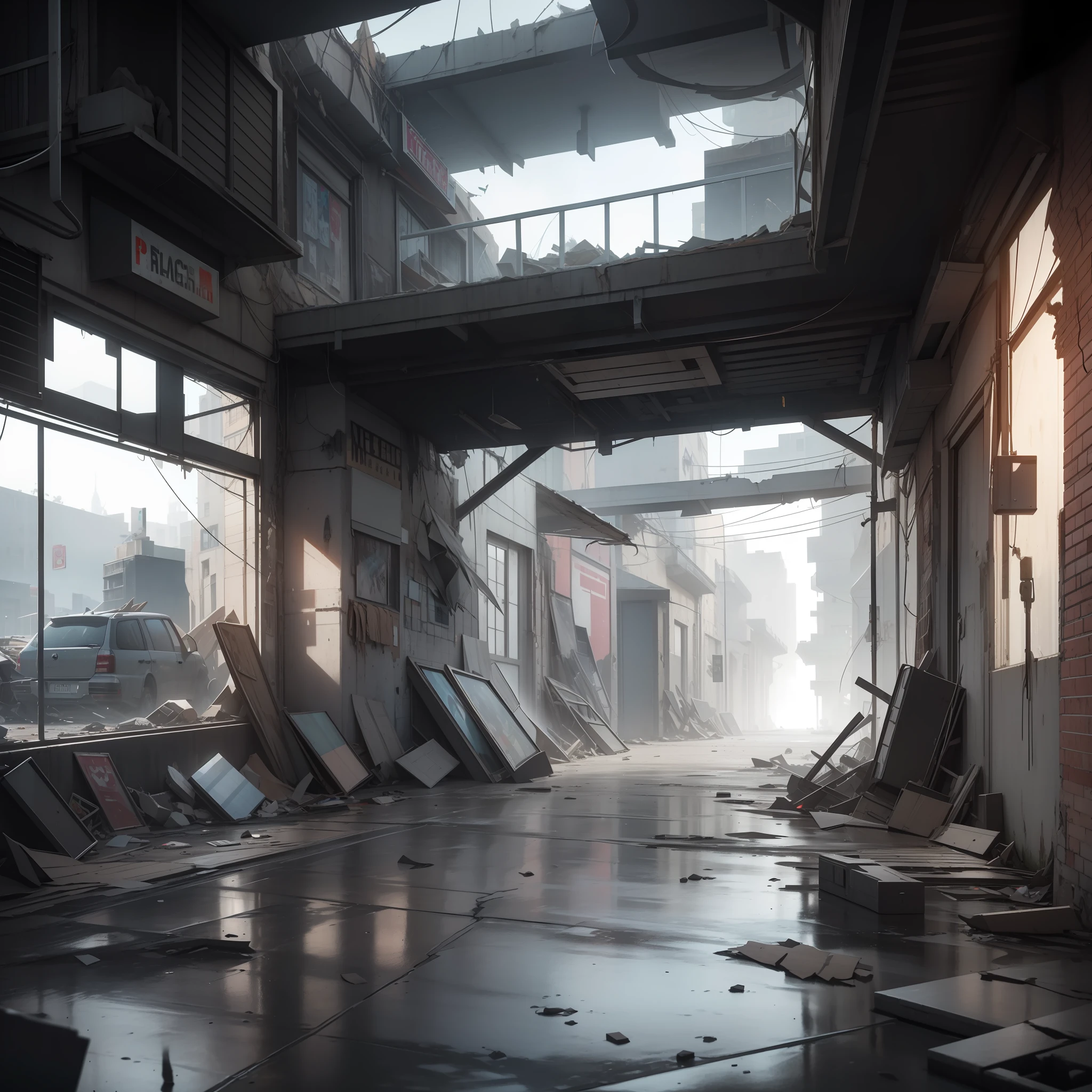 3D Model HD Rendering, Architectural Rendering, Right Angle Isometric View, 45 Degree Angle, (Gray Background), High Detail, Cinematic, Global Illumination, Realistic Lighting, Unreal Engine Rendering, Substance 3D, Octane Rendering, (HDR:1.3), (Cluttered Dilapidated Street Shops, All Over the Floor), Crash, Combat Damage Style, Overgrown